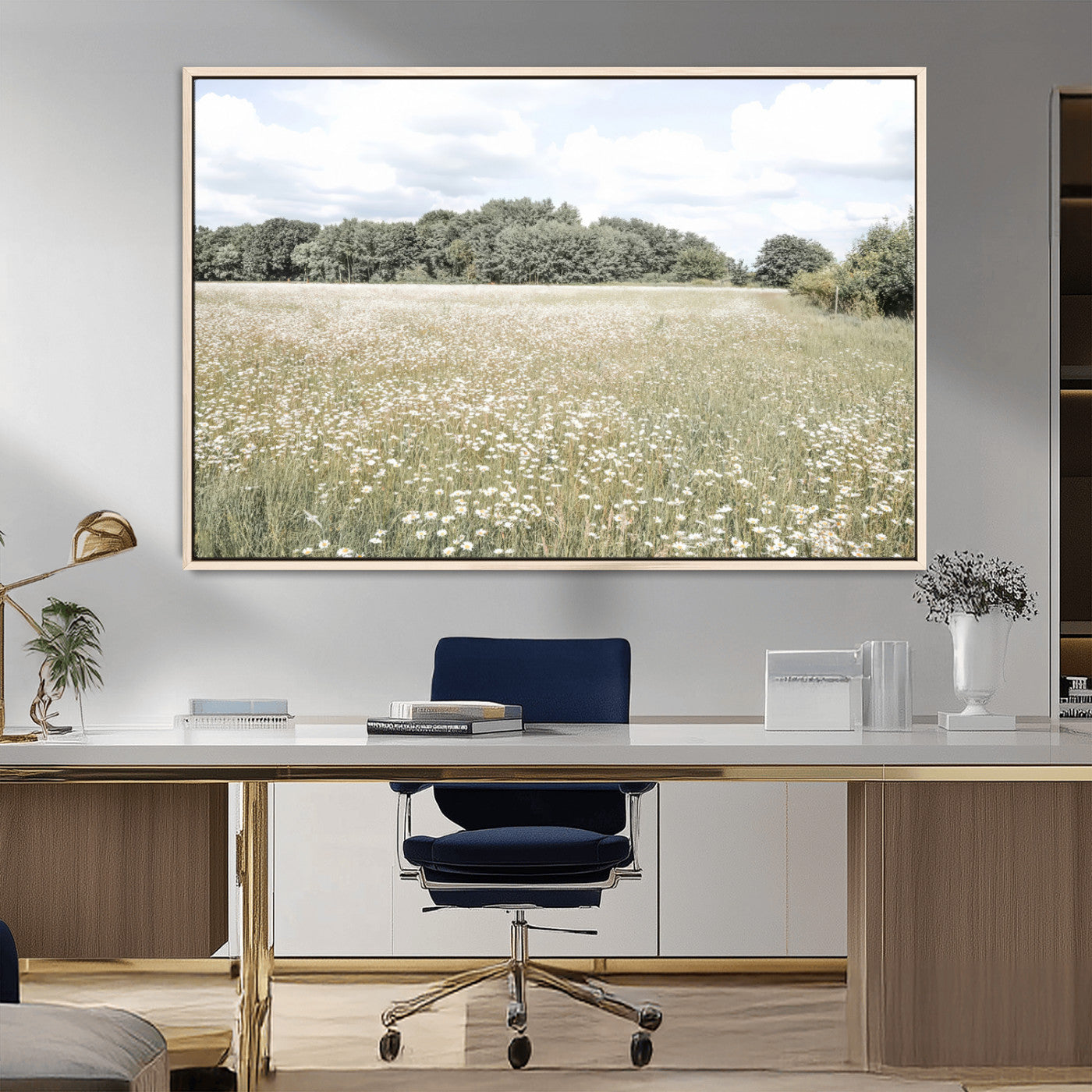 43258946-MGV-FC-36X24_Natural-Daisy Field Wall Art Canvas Print, Framed Pastel Flower Art Picture Print, Meadow Bloom Perfect Scandinavian Minimalist Decor