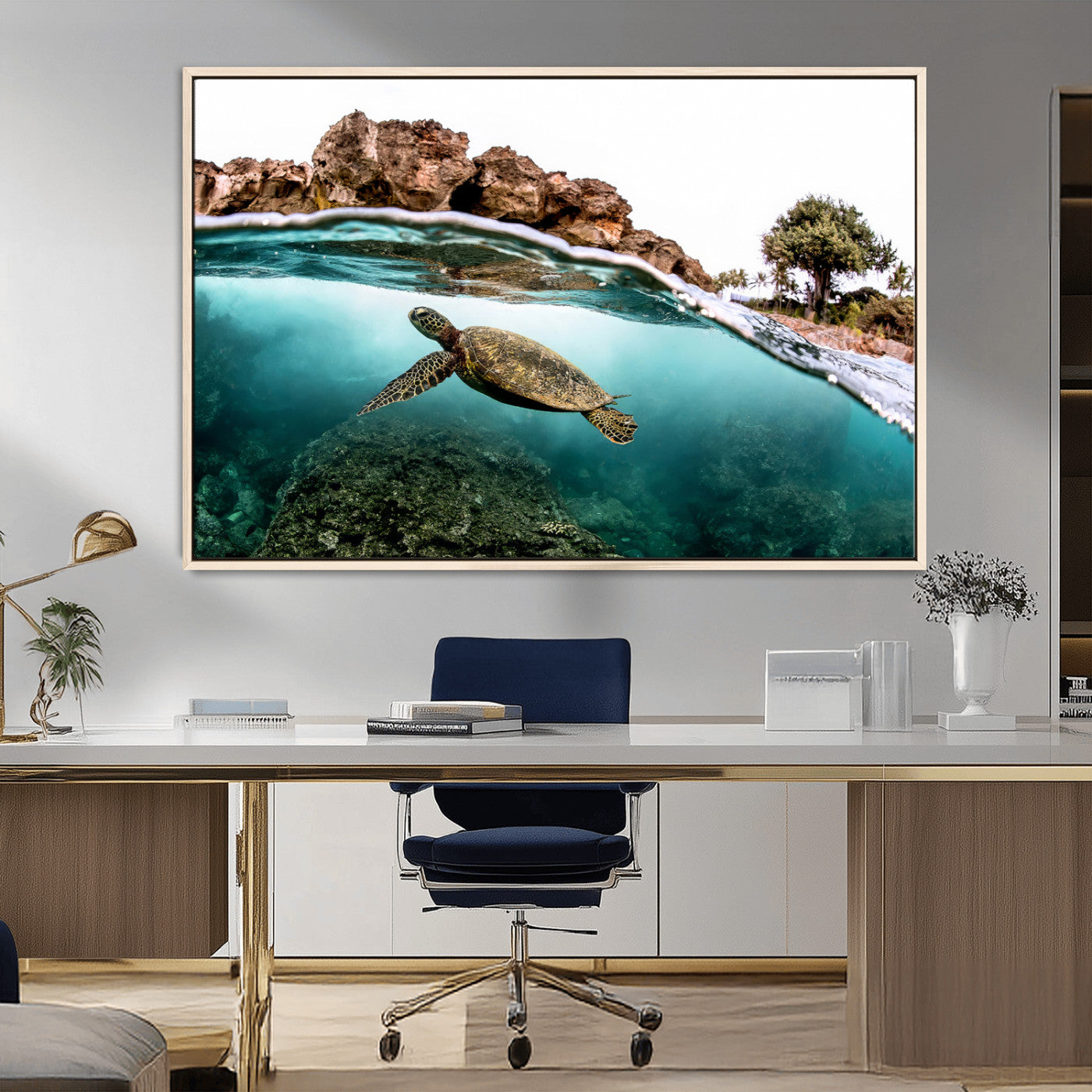 44200301-MGV-CV-36X24-Sea Turtle Swim Wall Art Canvas Print, Framed Ocean Life Art Picture Print, Tropical Shoreline Perfect Tropical Coastal Decor