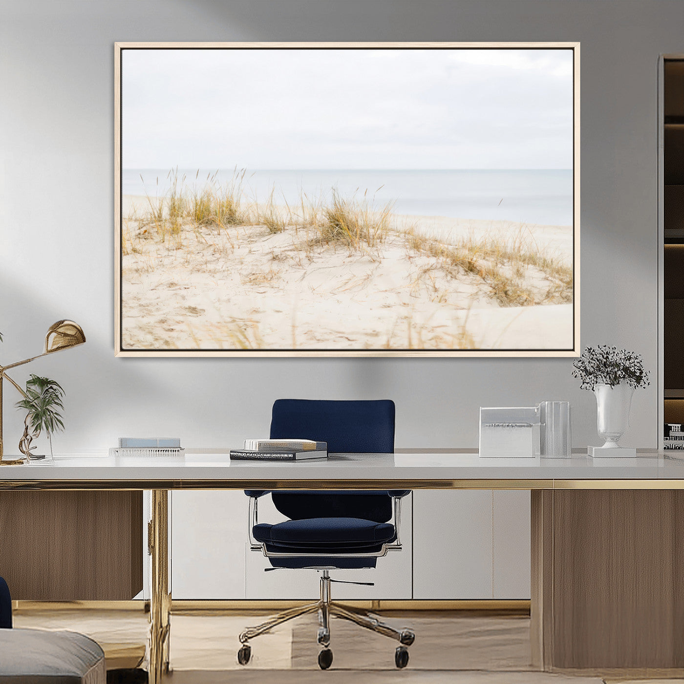 13146857-MGV-FC-36X24_Natural-Beach Dunes Wall Art Canvas Print, Framed Soft Horizon Art Picture Print, Coastal Grass Perfect Minimalist Coastal Decor Artwork