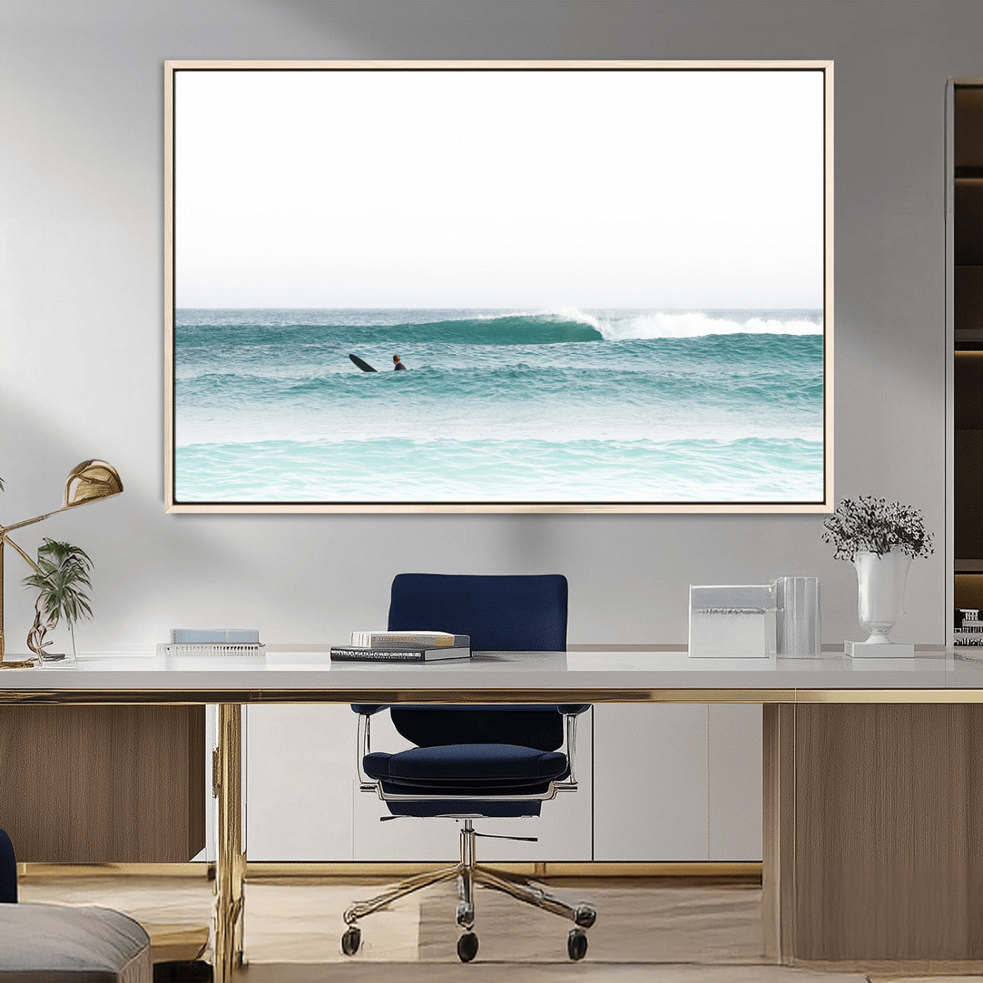 56345117-MGV-FC-36X24_Natural-Minimalist Surfing Wall Art Canvas Print, Framed Ocean Waves Art Picture Print, Soft Ocean Perfect Minimalist Coastal Decor