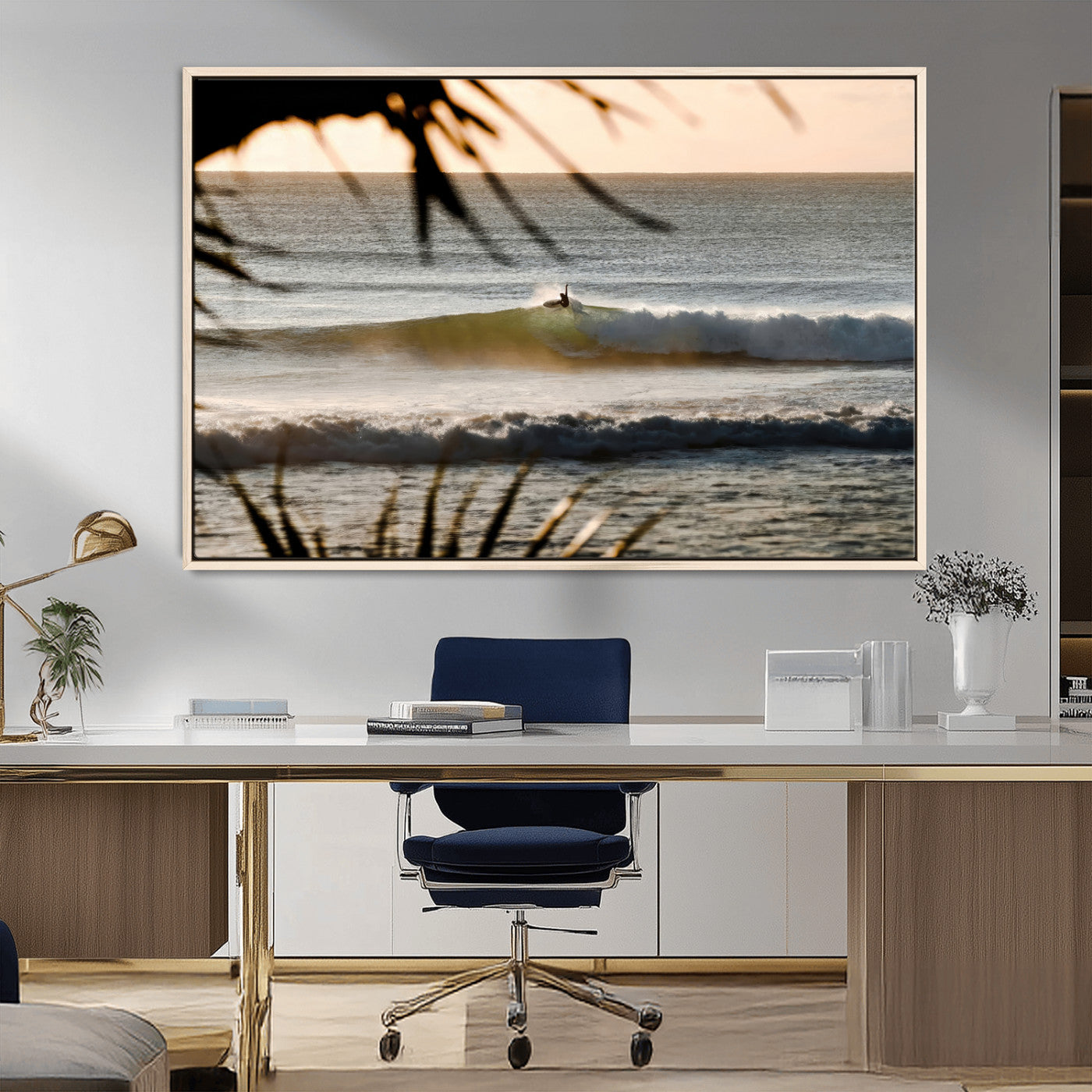 24896468-MGV-FC-36X24_Natural-Sunset Surf Wall Art Canvas Print, Framed Golden Waves Art Picture Print, Tropical Ocean Perfect Tropical Boho Decor Artwork