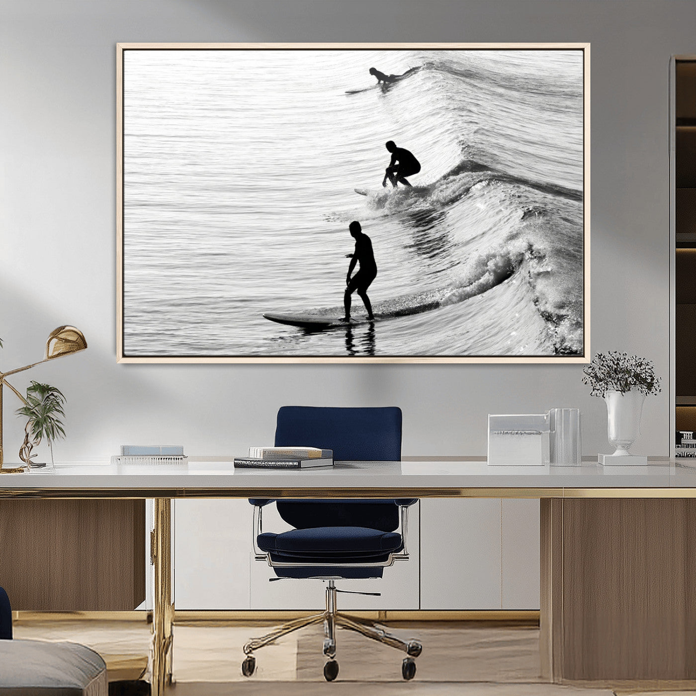 19875284-MGV-CV-36X24-Surfer Waves Wall Art Canvas Print, Framed Black White Surf Art Picture Print, Monochrome Ocean Perfect Modern Coastal Decor