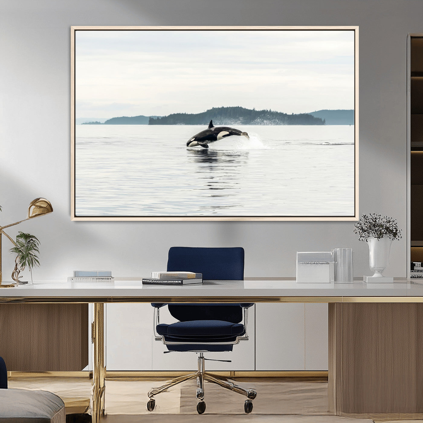10157174-MGV-FC-36X24_Natural-Orca Whale Wall Art Canvas Print, Framed Black White Whale Art Picture Print, Minimalist Ocean Perfect Coastal Minimalist Decor