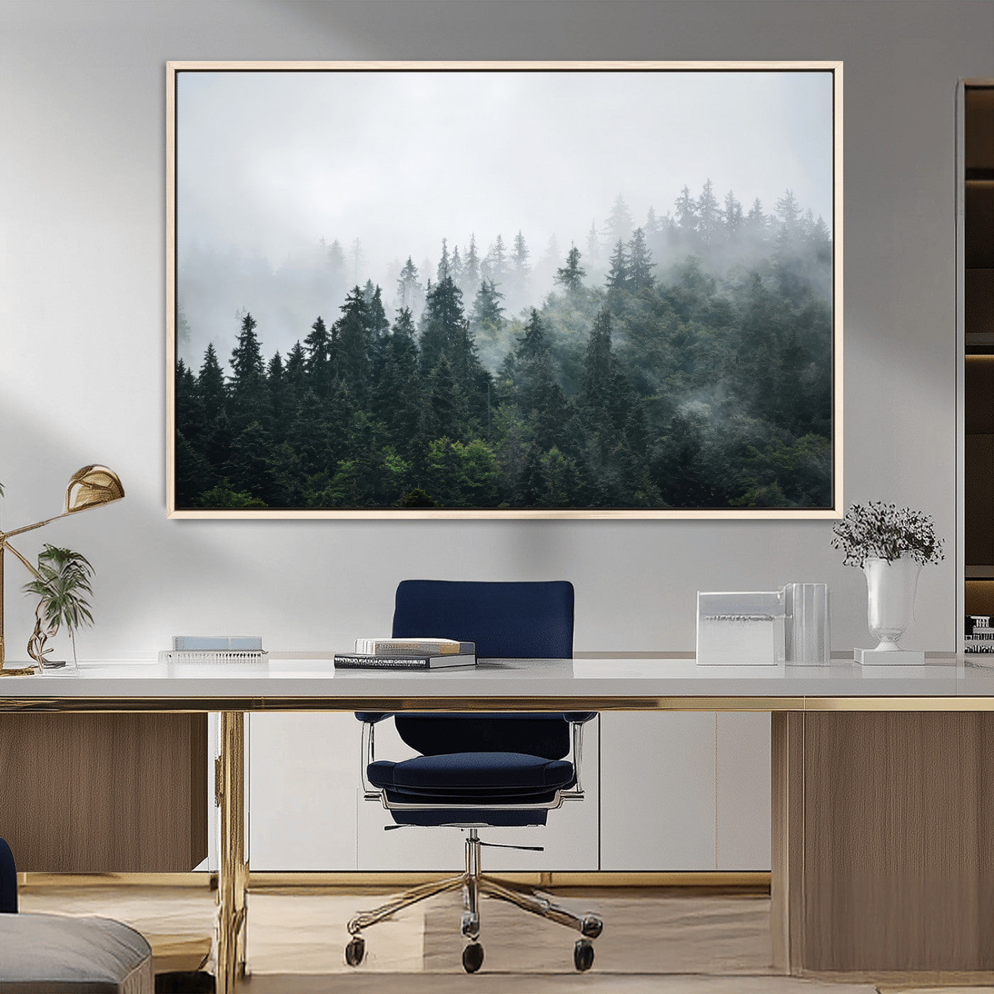 84146572-MGV-CV-36X24-Foggy Pine Trees Wall Art Canvas Print, Framed Forest Nature Art Picture Print, Evergreen Forest Perfect Scandinavian Minimalist