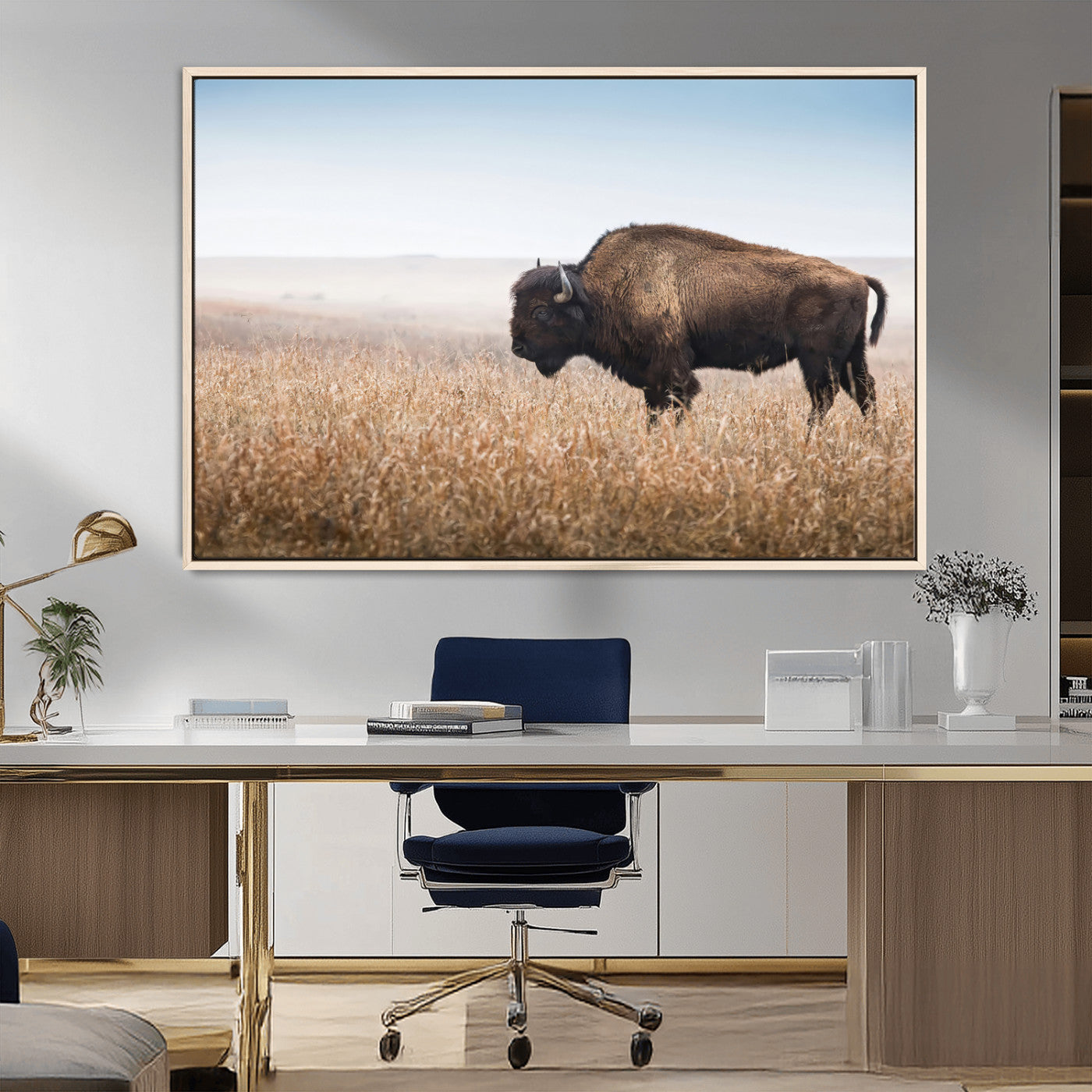 99620201-MGV-FC-36X24_Natural-Wild Bison Wall Art Canvas Print, Framed Bison in Prairie Art Picture Print, Rustic Western Perfect Rustic Western Decor Artwork