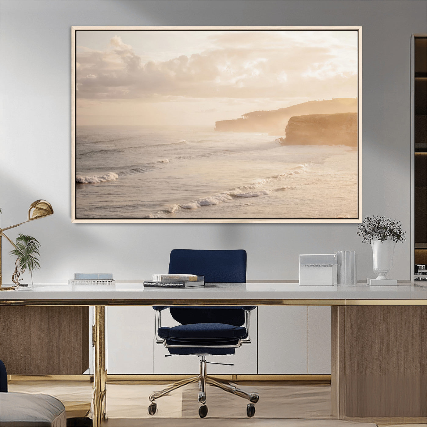 57669769-MGV-FC-36X24_Natural-Misty Coastal Wall Art Canvas Print, Framed Golden Sunset Art Picture Print, Serene Shoreline Perfect Tranquil Coastal Decor