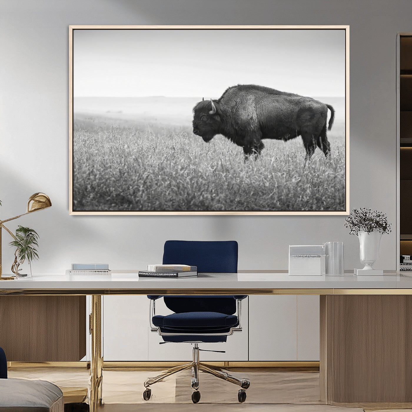 28435251-MGV-CV-36X24-Bison In Prairie Wall Art Canvas Print, Framed Rustic Wildlife Art Picture Print, Wild Buffalo Perfect Rustic Western Decor