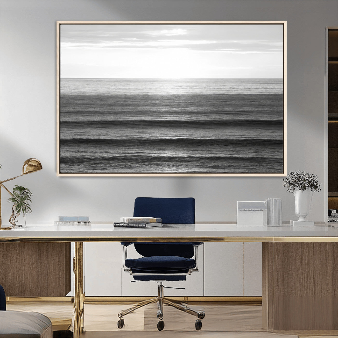 47305203-MGV-CV-36X24-Monochrome Ocean Wall Art Canvas Print, Framed Moody Ocean Art Picture Print, Calm Ocean Perfect Minimalist Coastal Decor Artwork