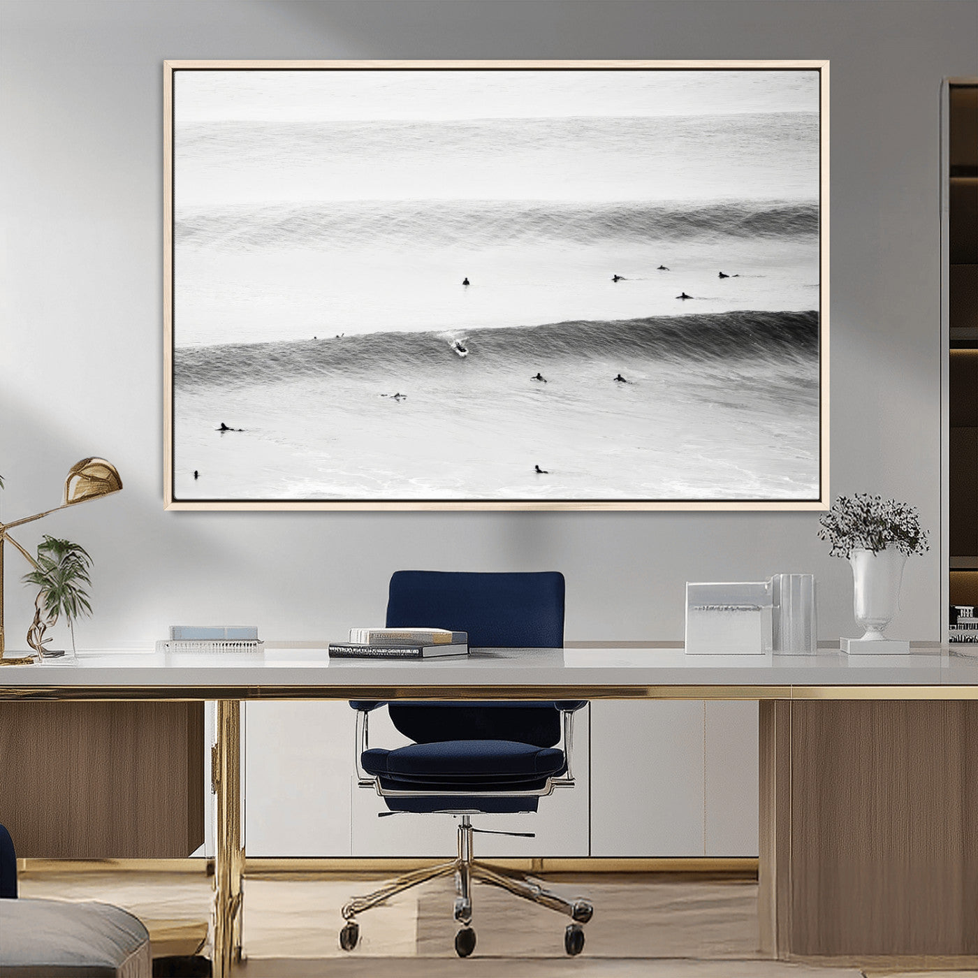 54291445-MGV-CV-36X24-Black White Ocean Wall Art Canvas Print, Framed Coastal Sport Art Picture Print, Ocean Culture Perfect Minimalist Coastal Decor