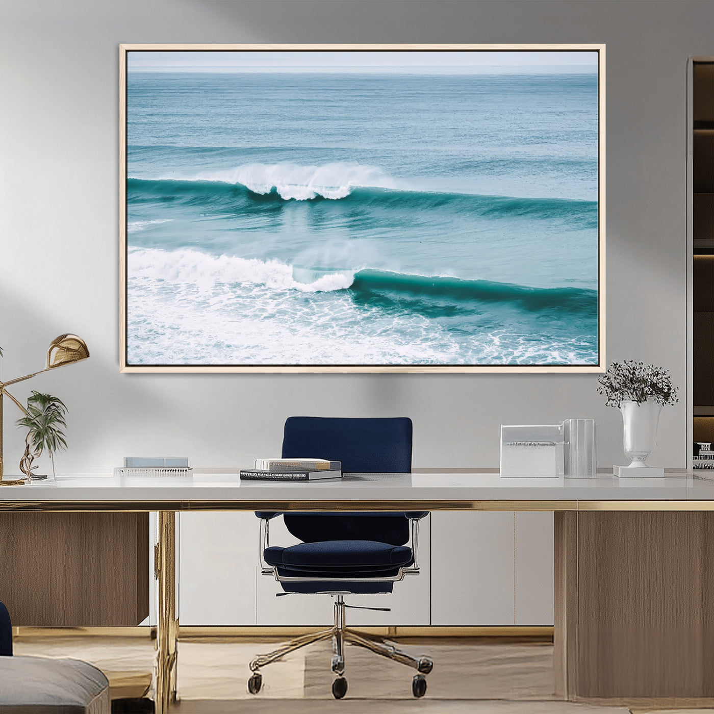 73692470-MGV-CV-36X24-Ocean Swell Wall Art Canvas Print, Framed Surf Waves Art Picture Print, Blue Water Perfect Coastal Dynamic Decor Artwork
