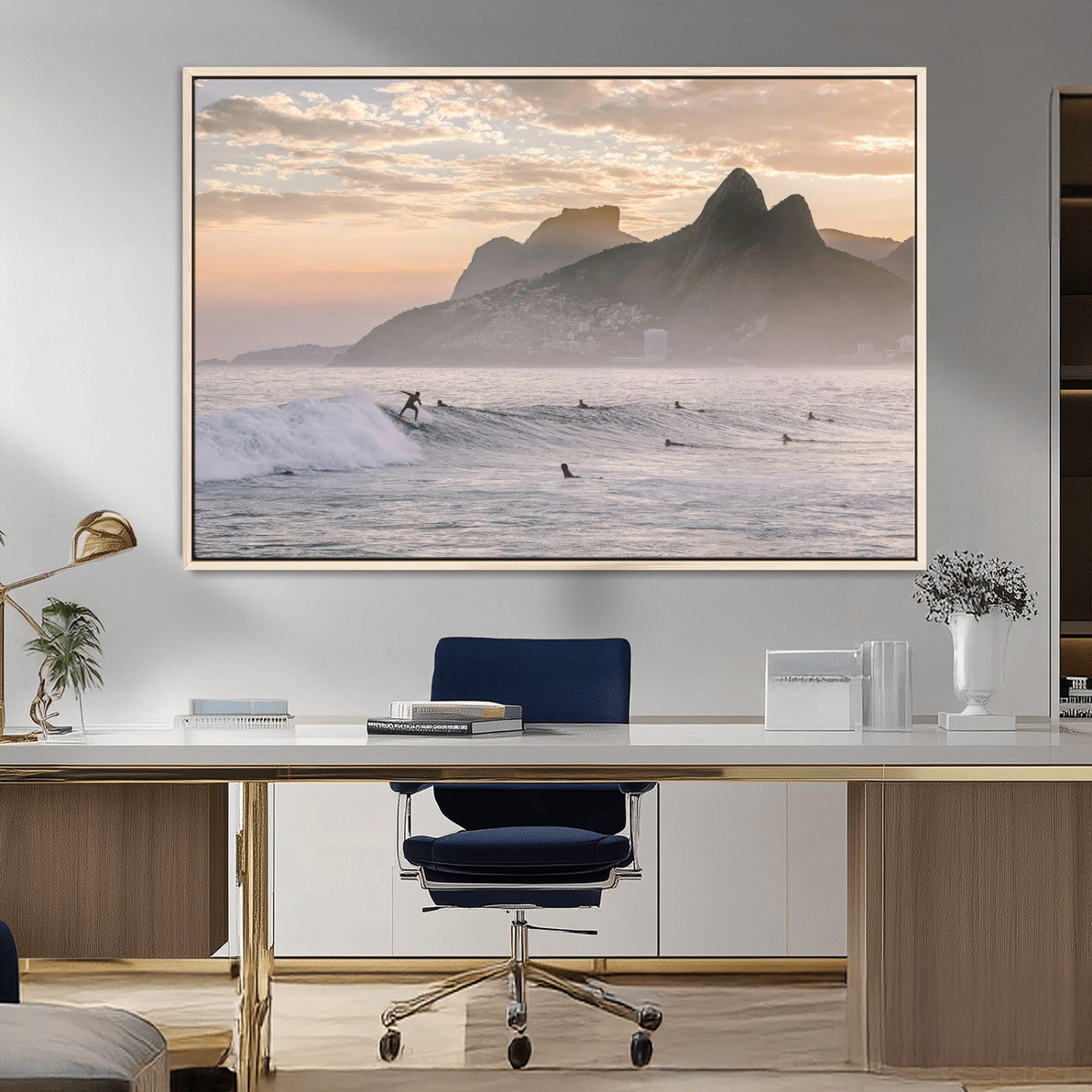 70644906-MGV-FC-36X24_Natural-Sunset Surfing Wall Art Canvas Print, Framed Misty Mountains Art Picture Print, Surfer Riding Wave Perfect Coastal Adventure Decor