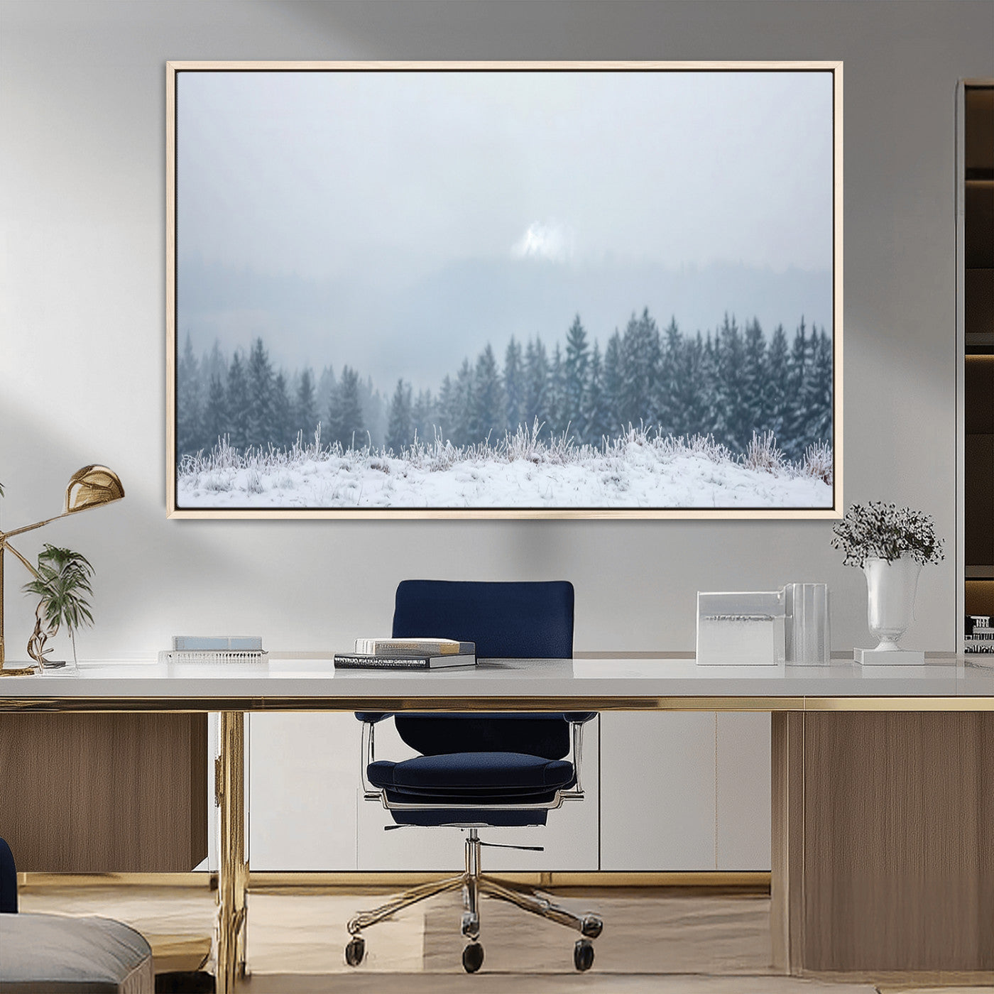 33033082-MGV-FC-36X24_Natural-Winter Forest Art Wall Art Canvas Print, Framed Snowy Landscape Art Picture Print, Misty Tree Scene Perfect Nordic Minimalist