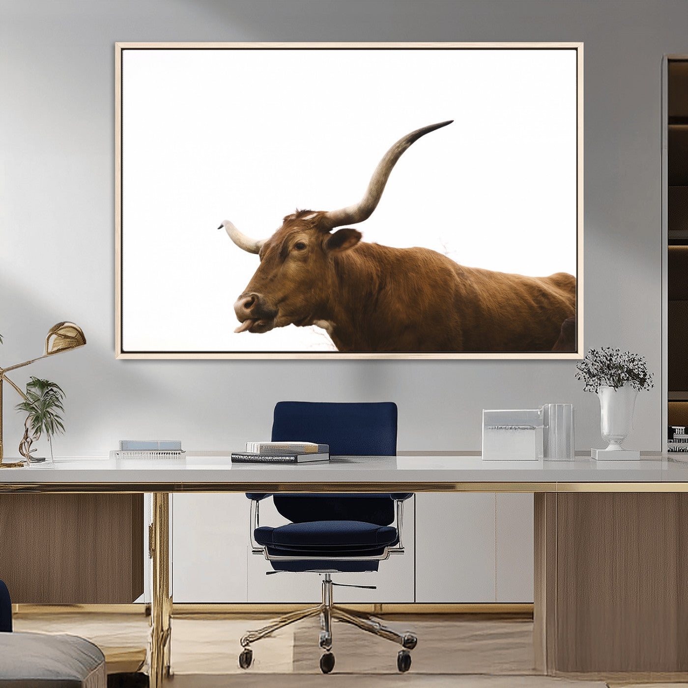 62566114-MGV-FC-36X24_Natural-Longhorn Cow Art Wall Art Canvas Print, Framed Rustic Animal Decor Art Picture Print, Texas Bull Photo Perfect Rustic Farmhouse