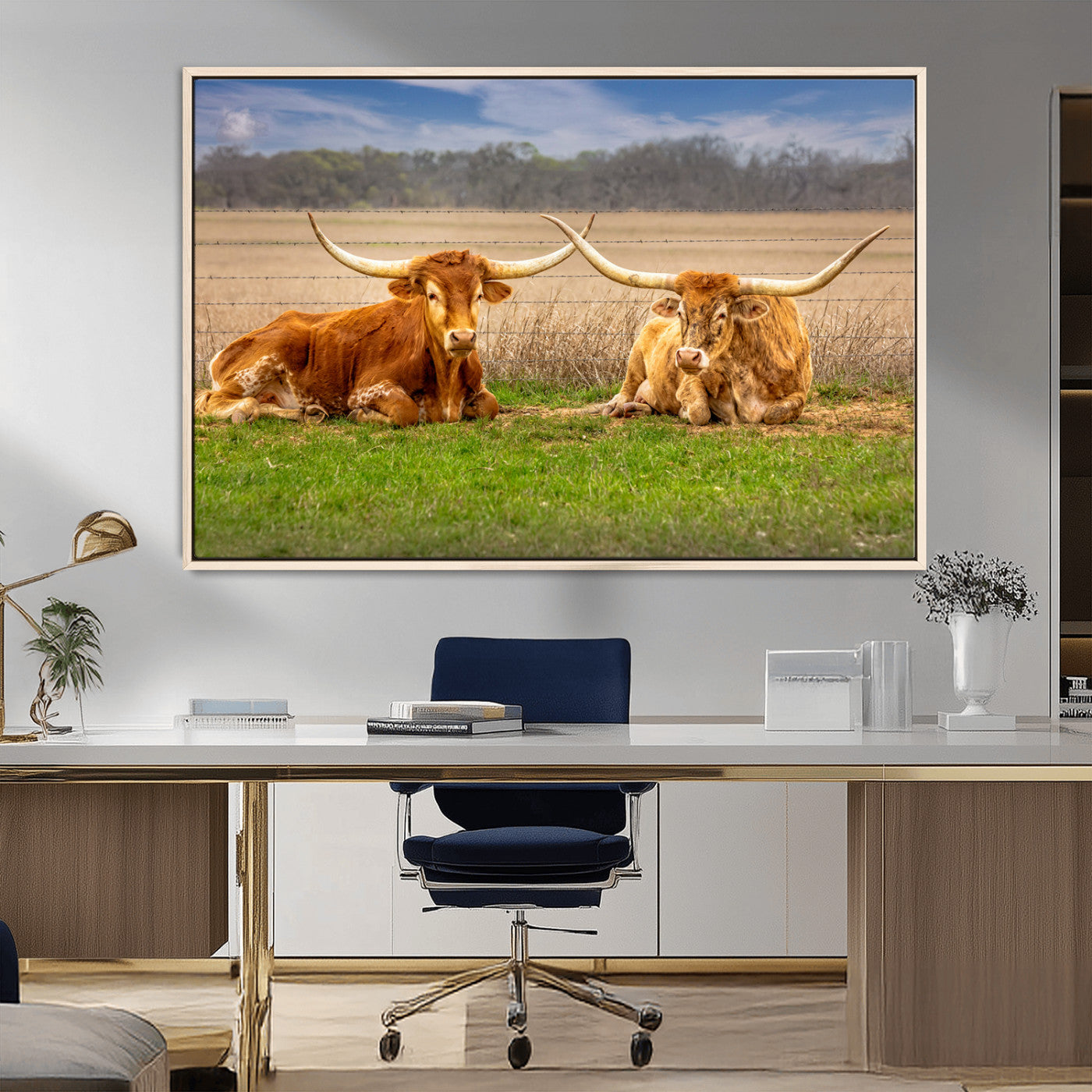 97244565-MGV-FC-36X24_Natural-Longhorn Duo Wall Art Canvas Print, Framed Cozy Ranch Vibes Art Picture Print, Western Ranch Decor Perfect Rustic Farmhouse Decor