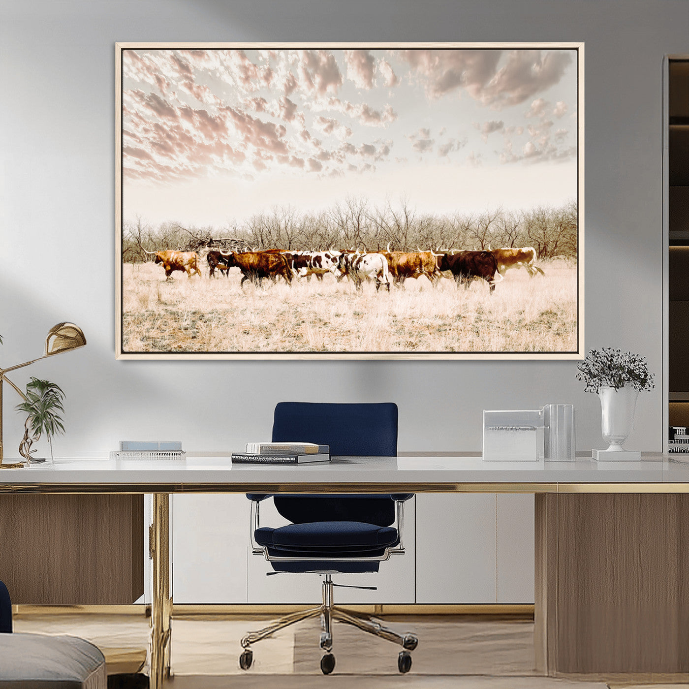 57389417-MGV-FC-36X24_Natural-Cow Herd Photography Wall Art Canvas Print, Framed Rustic Farmhouse Decor Art Picture Print, Western Ranch Style Perfect Rustic