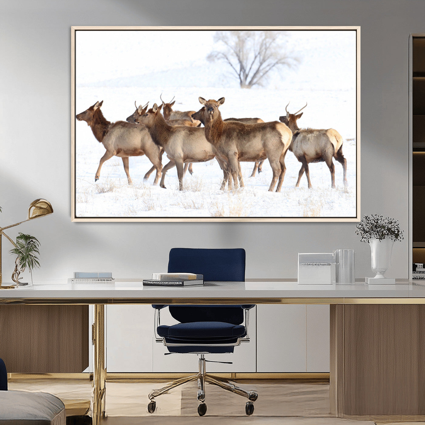68738684-MGV-CV-36X24-Winter Elk Scene Wall Art Canvas Print, Framed Wildlife Photography Art Picture Print, Snowy Deer Decor Perfect Rustic Lodge Decor