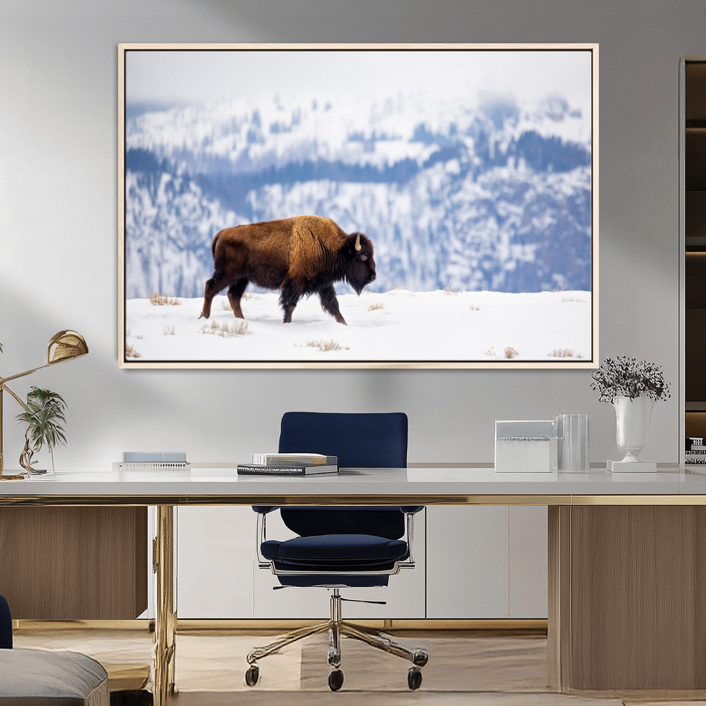 58512275-MGV-CV-36X24-Cowboy Aesthetic Wall Art Canvas Print, Framed Neutral Animal Theme Art Picture Print, Bison Ranch Style Perfect Rustic Western