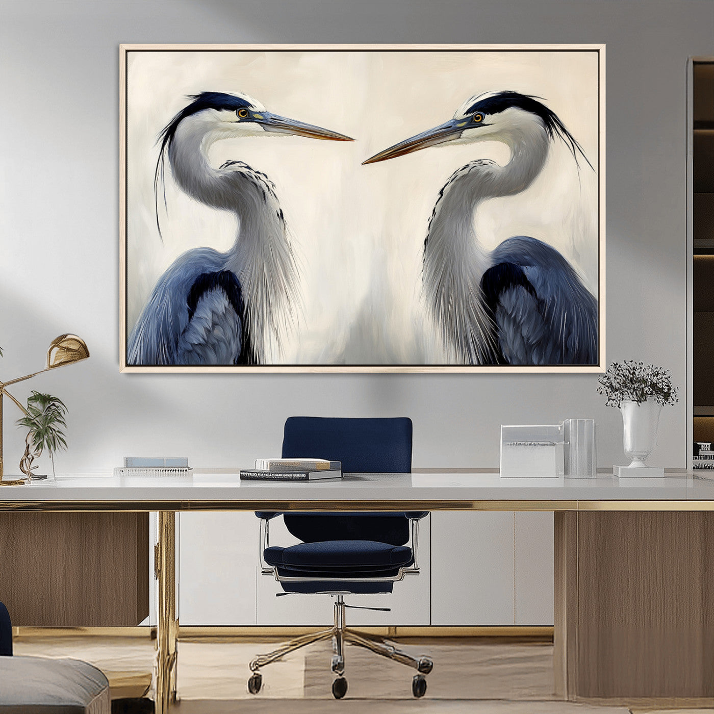 18230556-MGV-CV-36X24-Blue Heron Pair Wall Art Canvas Print, Framed Coastal Bird Theme Art Picture Print, Tranquil Wildlife Scene Perfect Coastal
