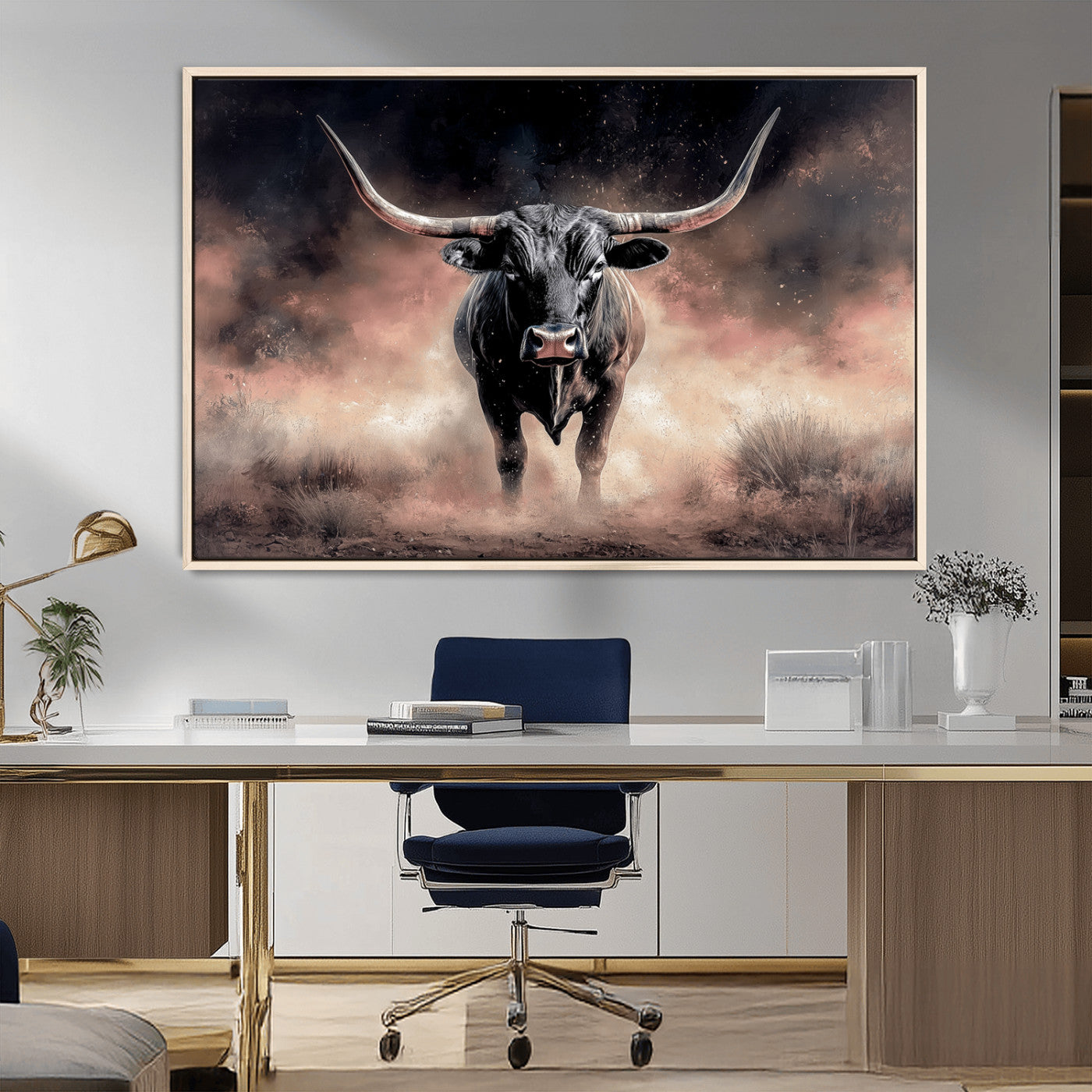 71457818-MGV-FC-36X24_Natural-Longhorn Wall Art Wall Art Canvas Print, Framed Western Bull Canvas Art Picture Print, Rustic Cow Decor Perfect Western Dramatic