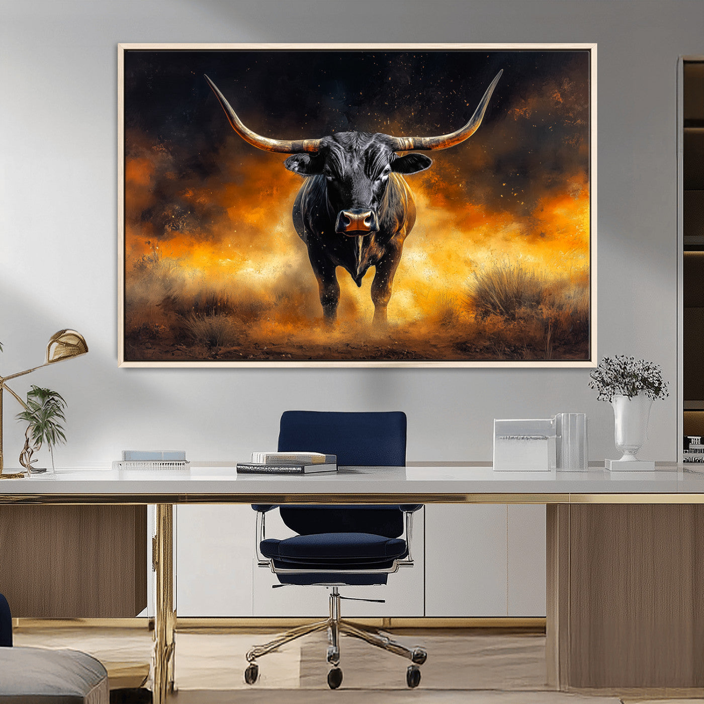 58293979-MGV-CV-36X24-Longhorn Canvas Wall Art Canvas Print, Framed Bold Bull Wall Art Art Picture Print, Western Animal Decor Perfect Western Dramatic