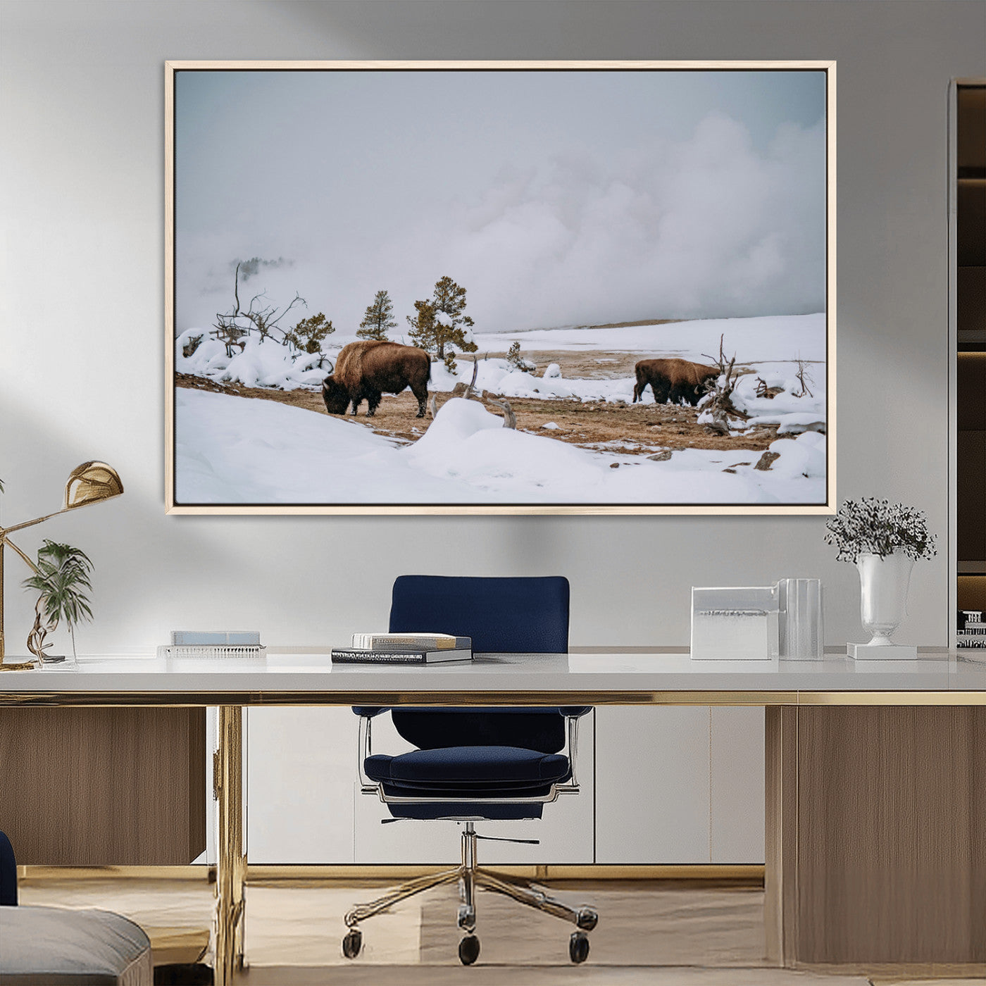 60308289-MGV-CV-36X24-Bison Wildlife Wall Art Canvas Print, Framed Snowy Prairie Art Picture Print, Western Landscape Perfect Rustic Winter Decor