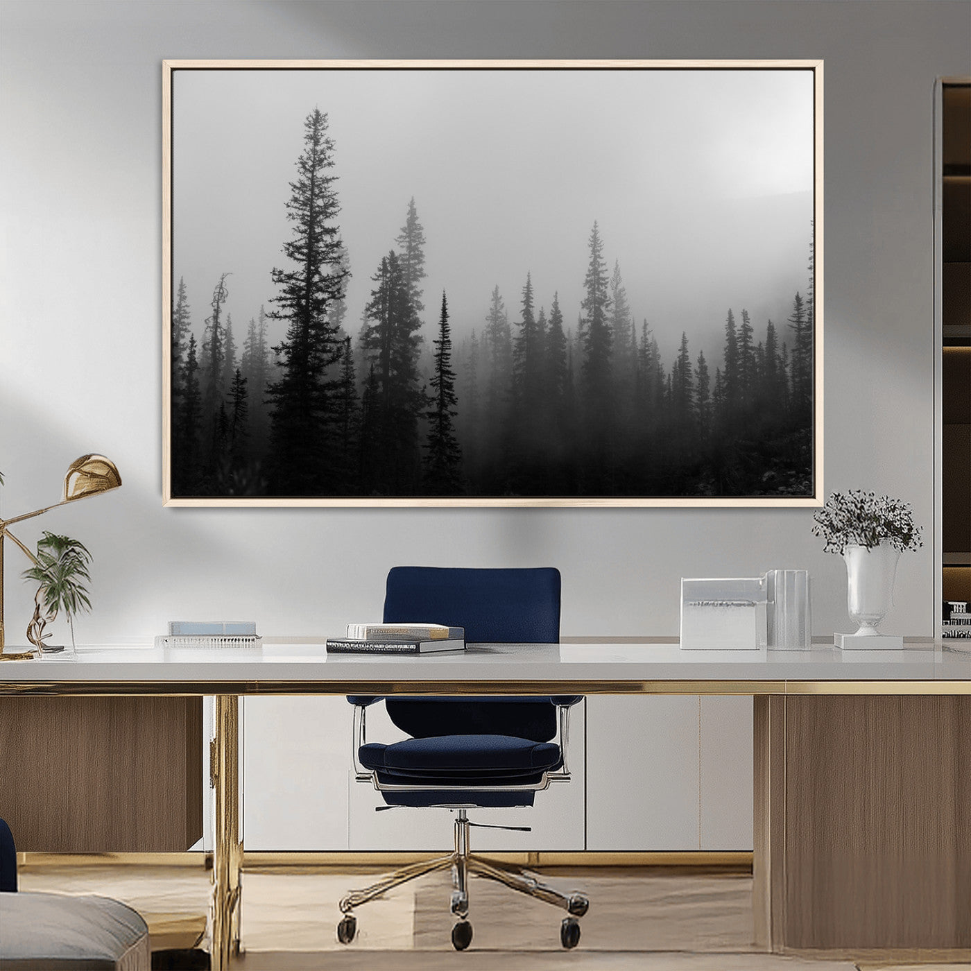 73138900-MGV-FC-36X24_Natural-Misty Pines Wall Art Canvas Print, Framed Woodland Photography Art Picture Print, Minimalist Decor Perfect Modern Rustic Decor