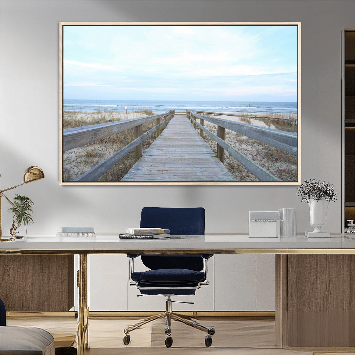 31602988-MGV-CV-36X24-Beach Boardwalk Wall Art Canvas Print, Framed Coastal Serenity Art Picture Print, Ocean View Perfect Coastal Minimalist Decor