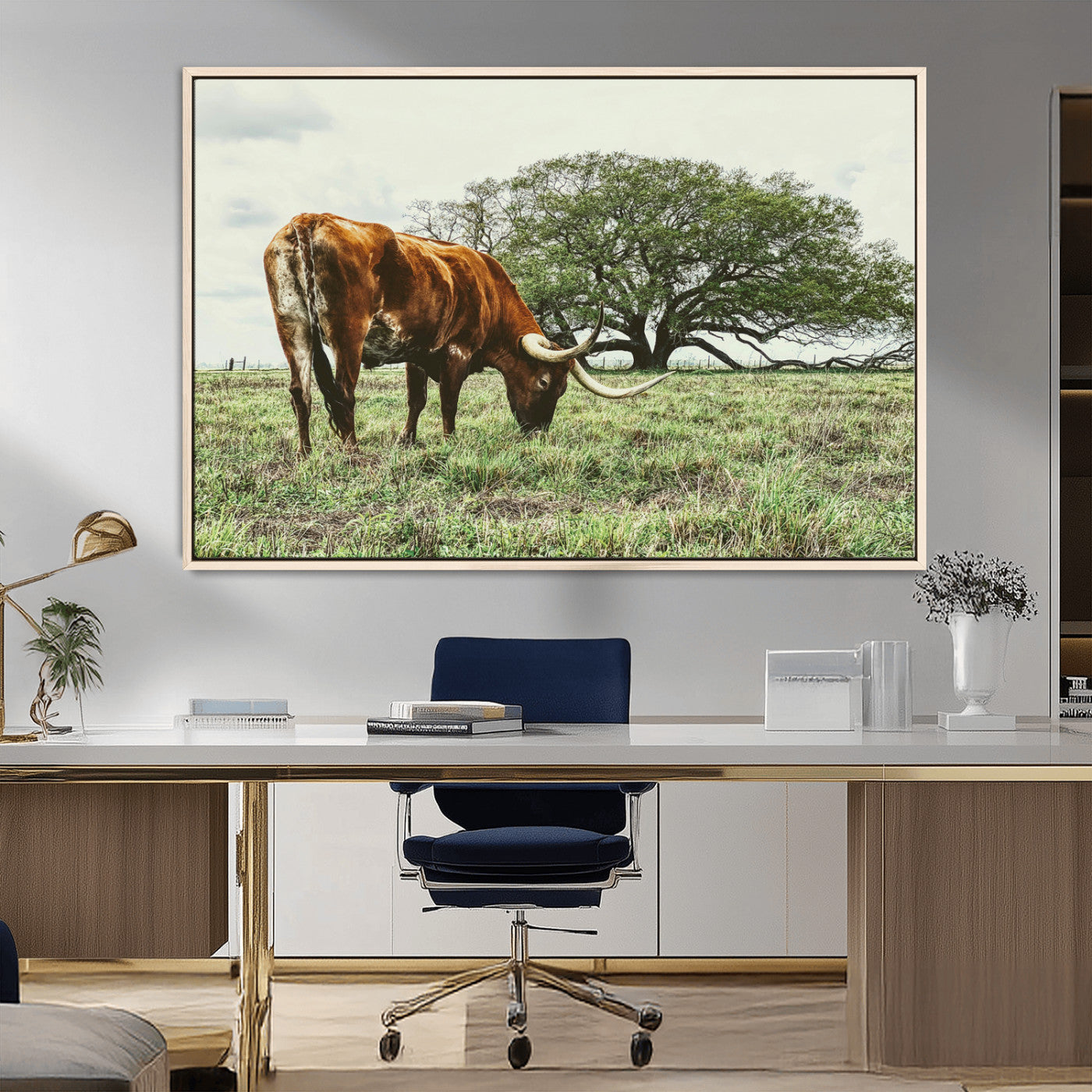 91866234-MGV-CV-36X24-Texas Longhorn Wall Art Canvas Print, Framed Rustic Ranch Art Picture Print, Western Cattle Perfect Rustic Farmhouse Decor Artwork
