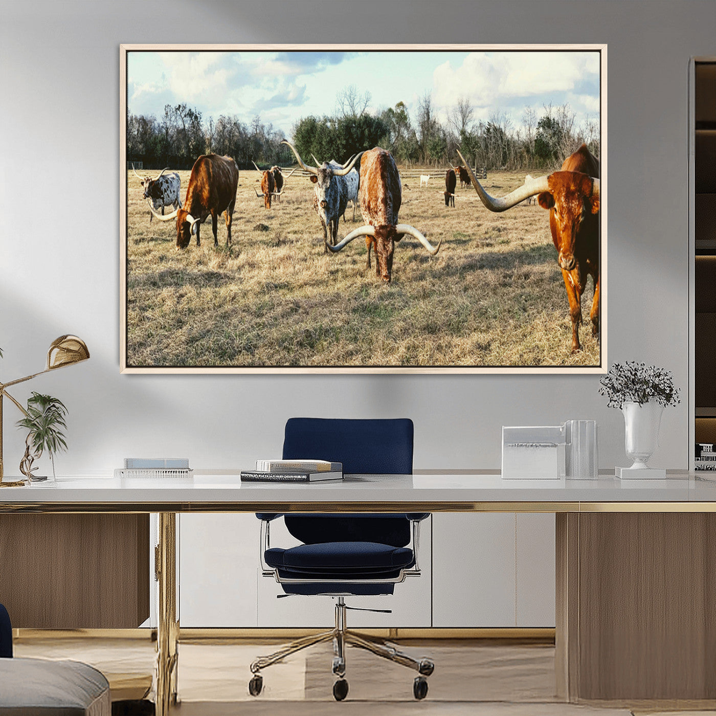 39144651-MGV-FC-36X24_Natural-Texas Longhorns Wall Art Canvas Print, Framed Rustic Farm Scene Art Picture Print, Western Cattle Perfect Rustic Farmhouse Decor