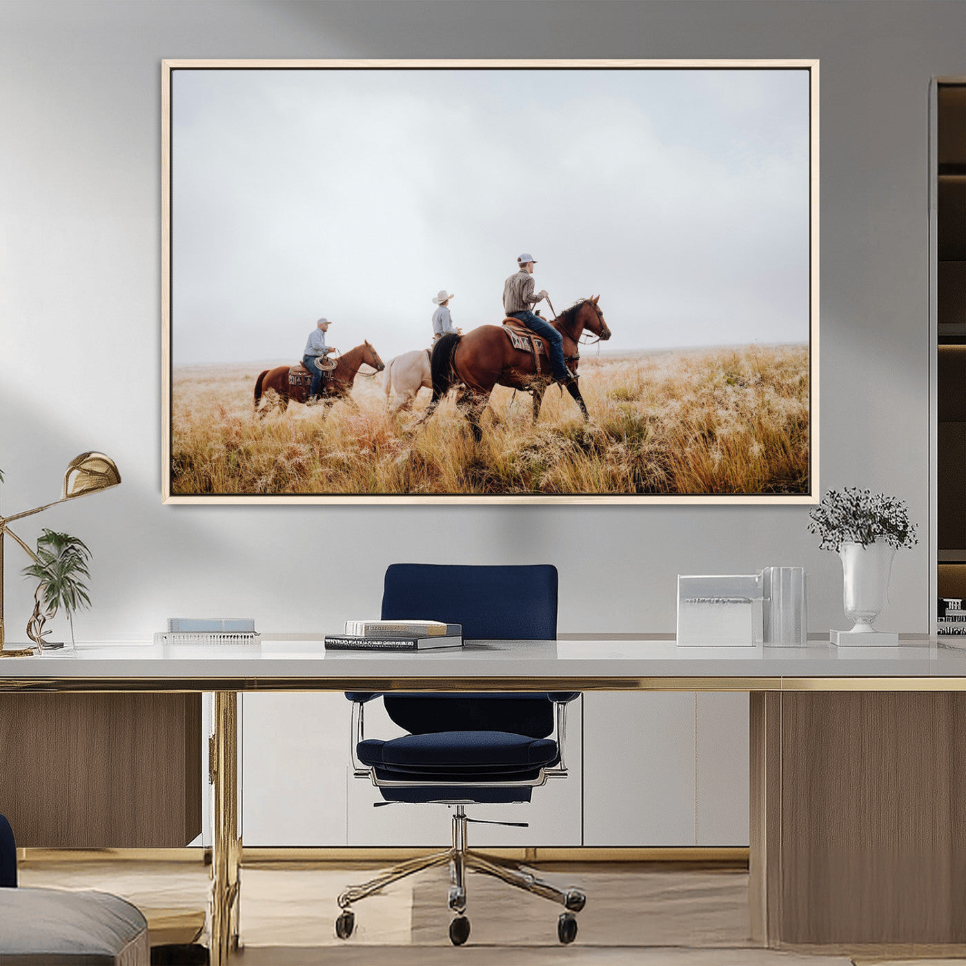 94723307-MGV-FC-36X24_Natural-Western Cowboys Wall Art Canvas Print, Framed Rustic Prairie Art Picture Print, Horseback Riding Perfect Rustic Western Decor