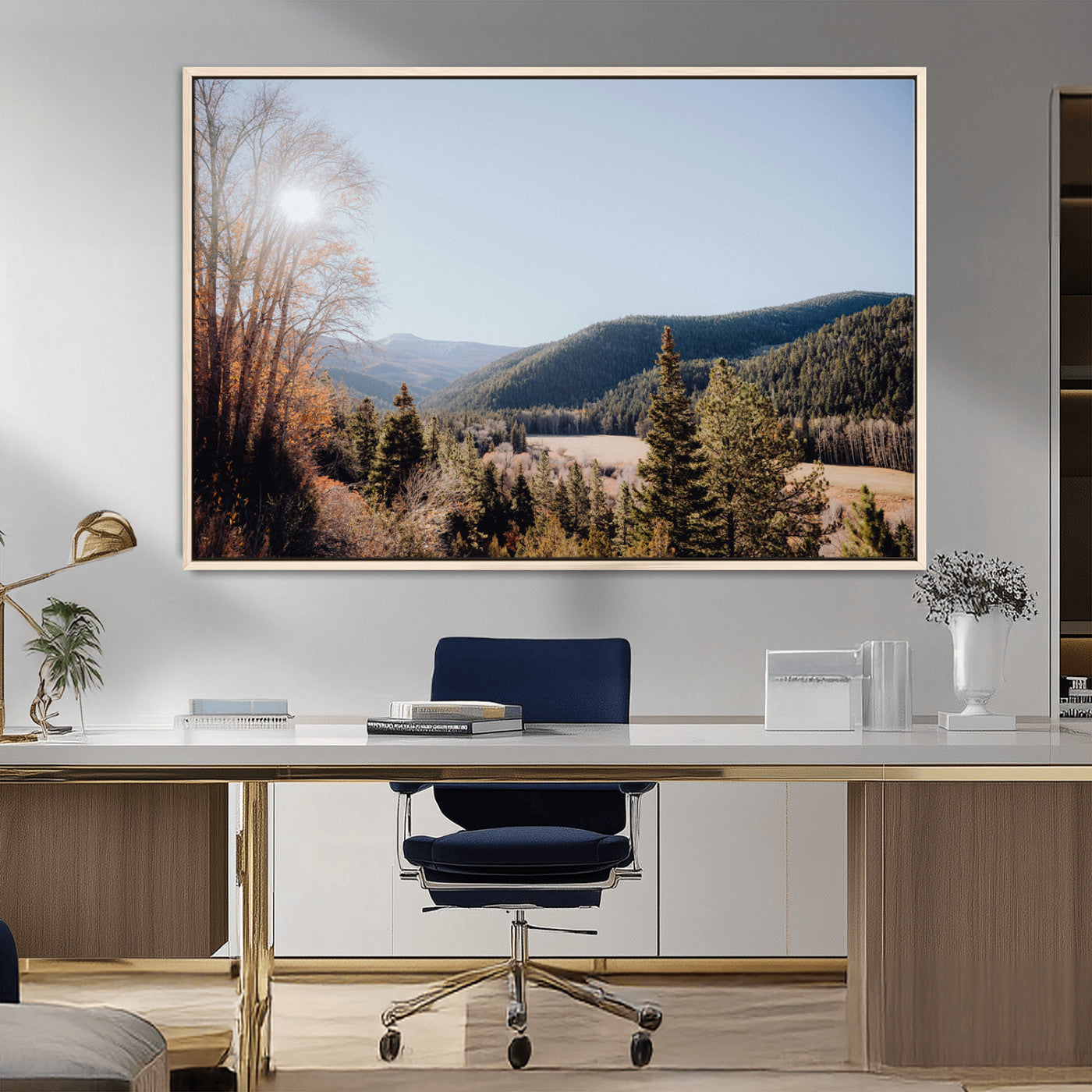 52941305-MGV-CV-36X24-Rustic Landscape Wall Art Canvas Print, Framed Serene Valley Art Picture Print, Pine Tree Horizon Perfect Rustic Cabin Decor