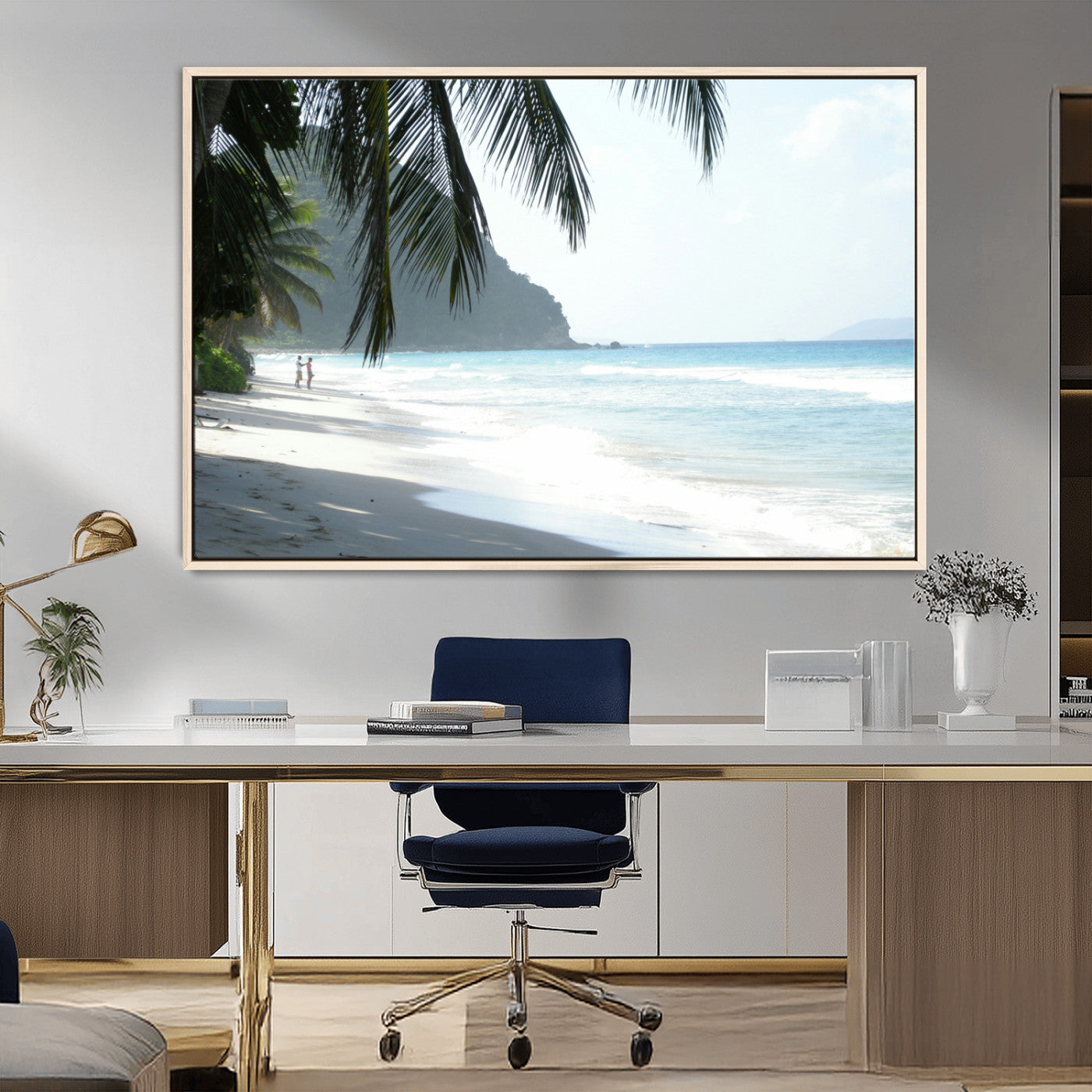 18311030-MGV-CV-36X24-Tropical Beach Wall Art Canvas Print, Framed Serene Ocean Art Picture Print, Palm Tree Shadows Perfect Tropical Coastal Decor