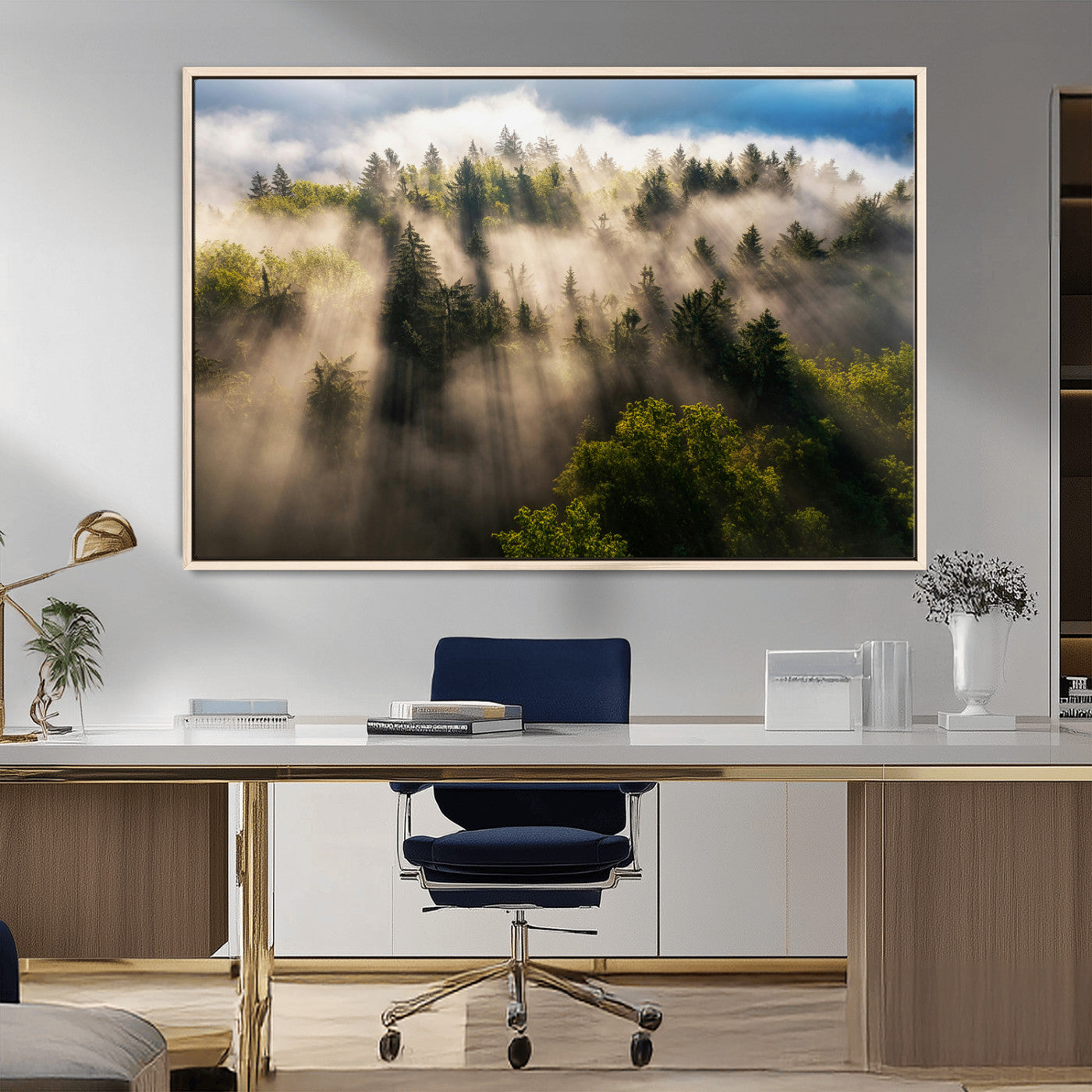 14785710-MGV-CV-36X24-Tranquil Forest Scene Wall Art Canvas Print, Framed Sunbeam Through Trees Art Picture Print, Moody Green Wall Art Perfect