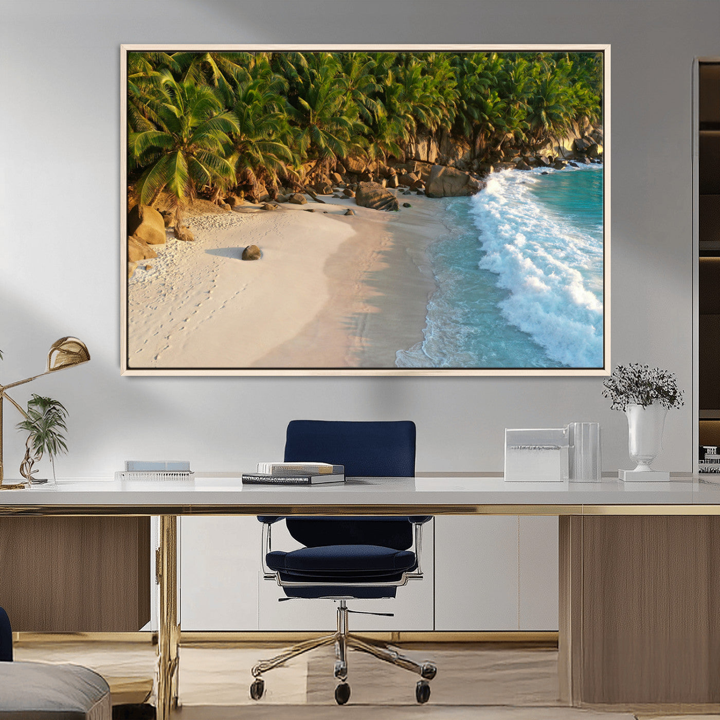 82312665-MGV-CV-36X24-Tropical Beach Wall Art Canvas Print, Framed Ocean Waves Art Picture Print, Palm Trees Perfect Coastal Minimalist Decor Artwork