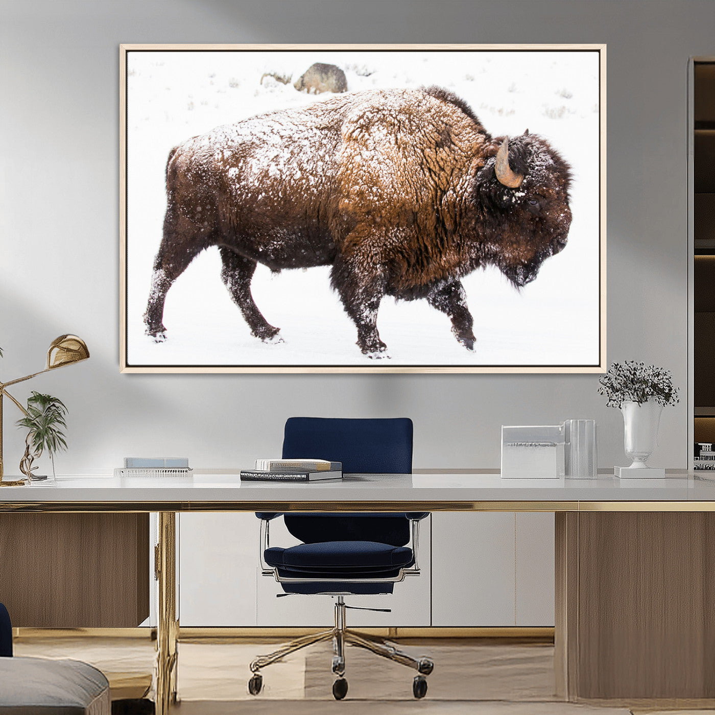 94261165-MGV-FC-36X24_Natural-Snowy Buffalo Wall Art Canvas Print, Framed Wildlife Photography Art Picture Print, Brown Tones Perfect Rustic Lodge Decor Decor