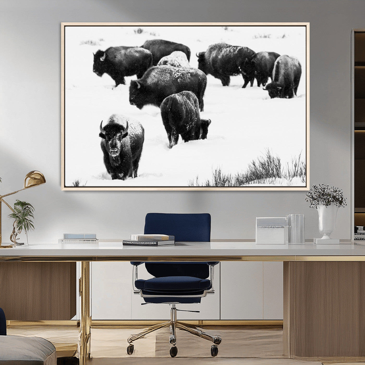 18914414-MGV-CV-36X24-Buffalo Herd Wall Art Canvas Print, Framed Black and White Art Picture Print, Snowy Landscape Perfect Rustic Lodge Decor Decor
