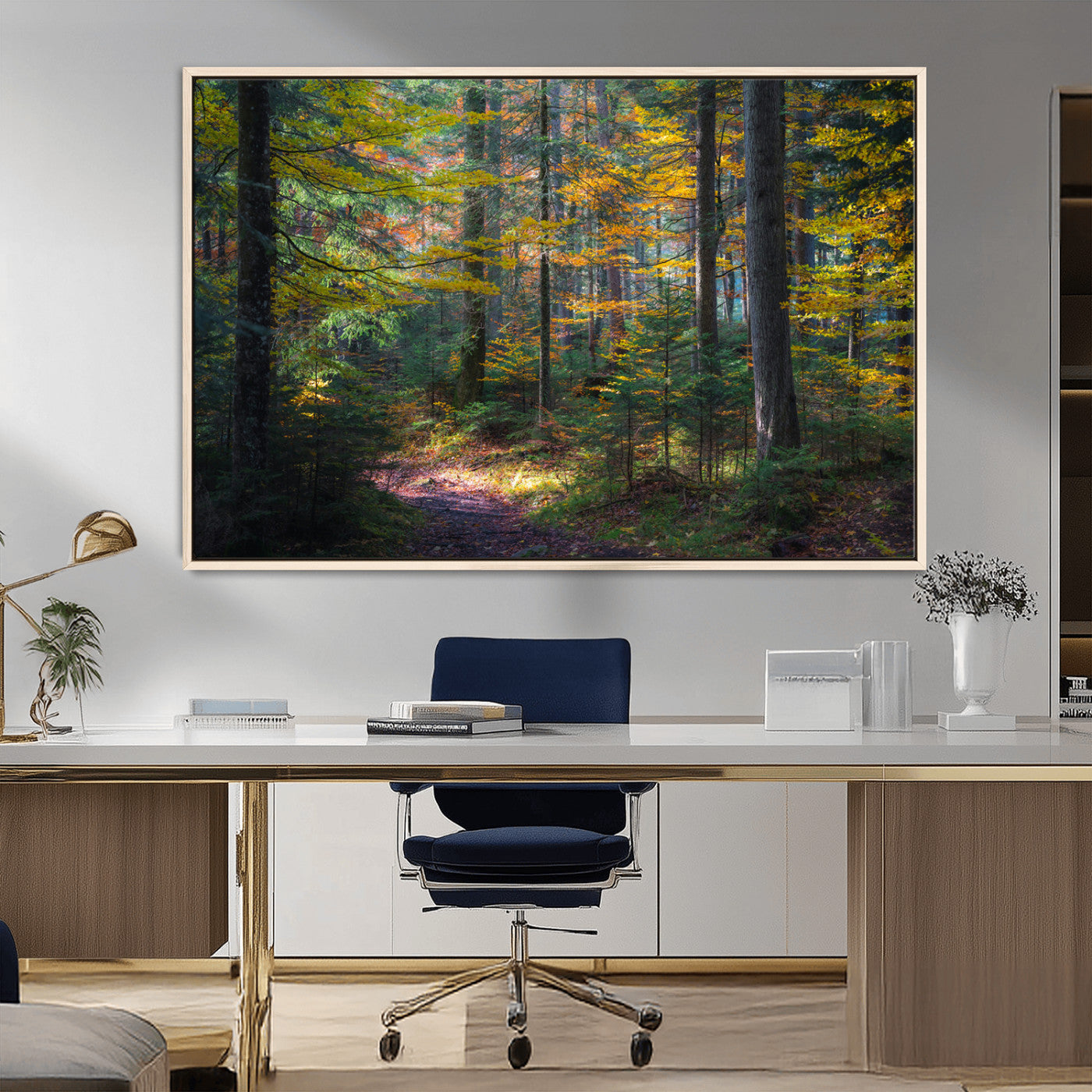 65810864-MGV-CV-36X24-Autumn Forest Wall Art Canvas Print, Framed Fall Woodland Art Picture Print, Golden Leaves Perfect Rustic Farmhouse Decor Artwork