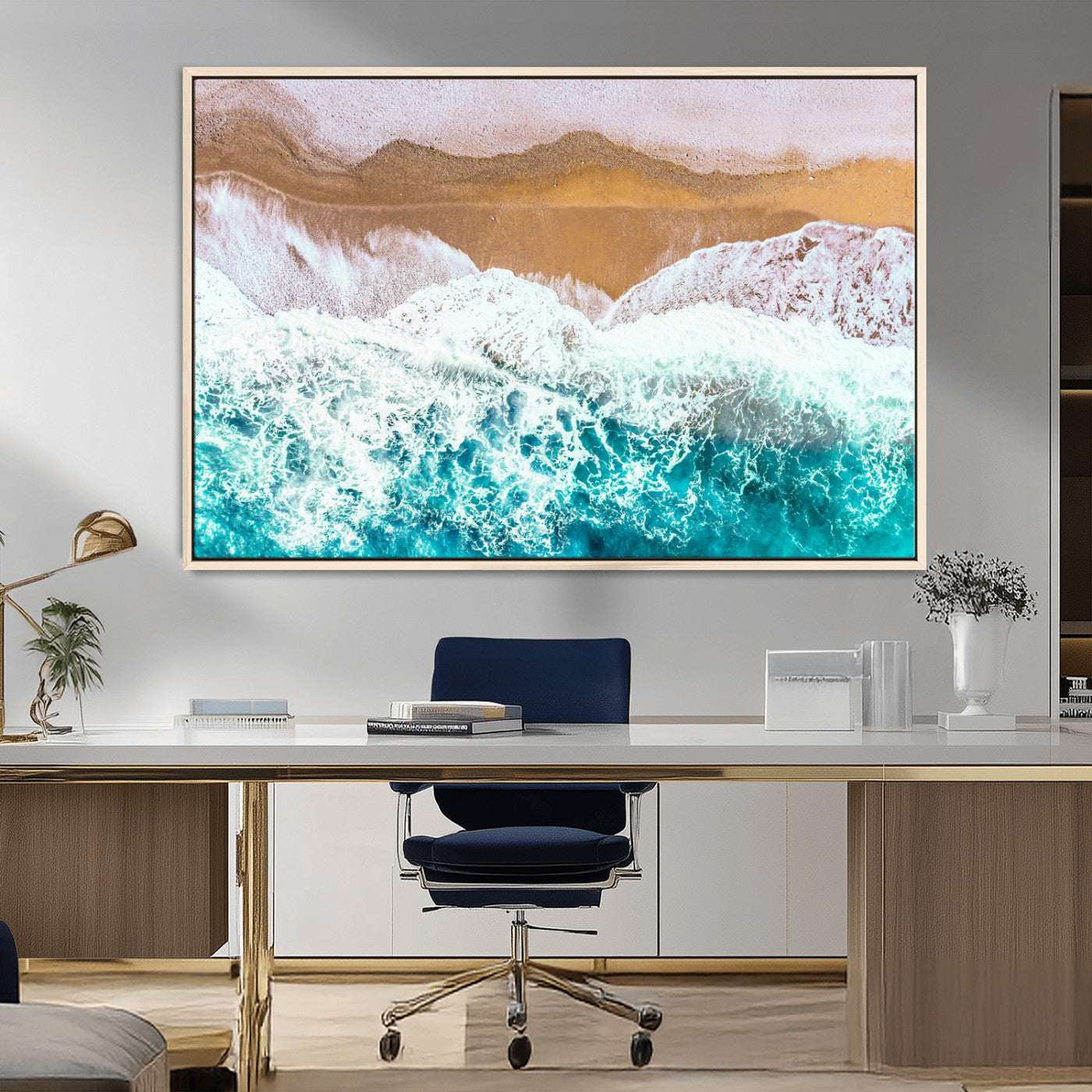 26870666-MGV-FC-36X24_Natural-Aerial Beach Wall Art Canvas Print, Framed Ocean Waves Art Picture Print, Coastal Landscape Perfect Coastal Minimalist Decor