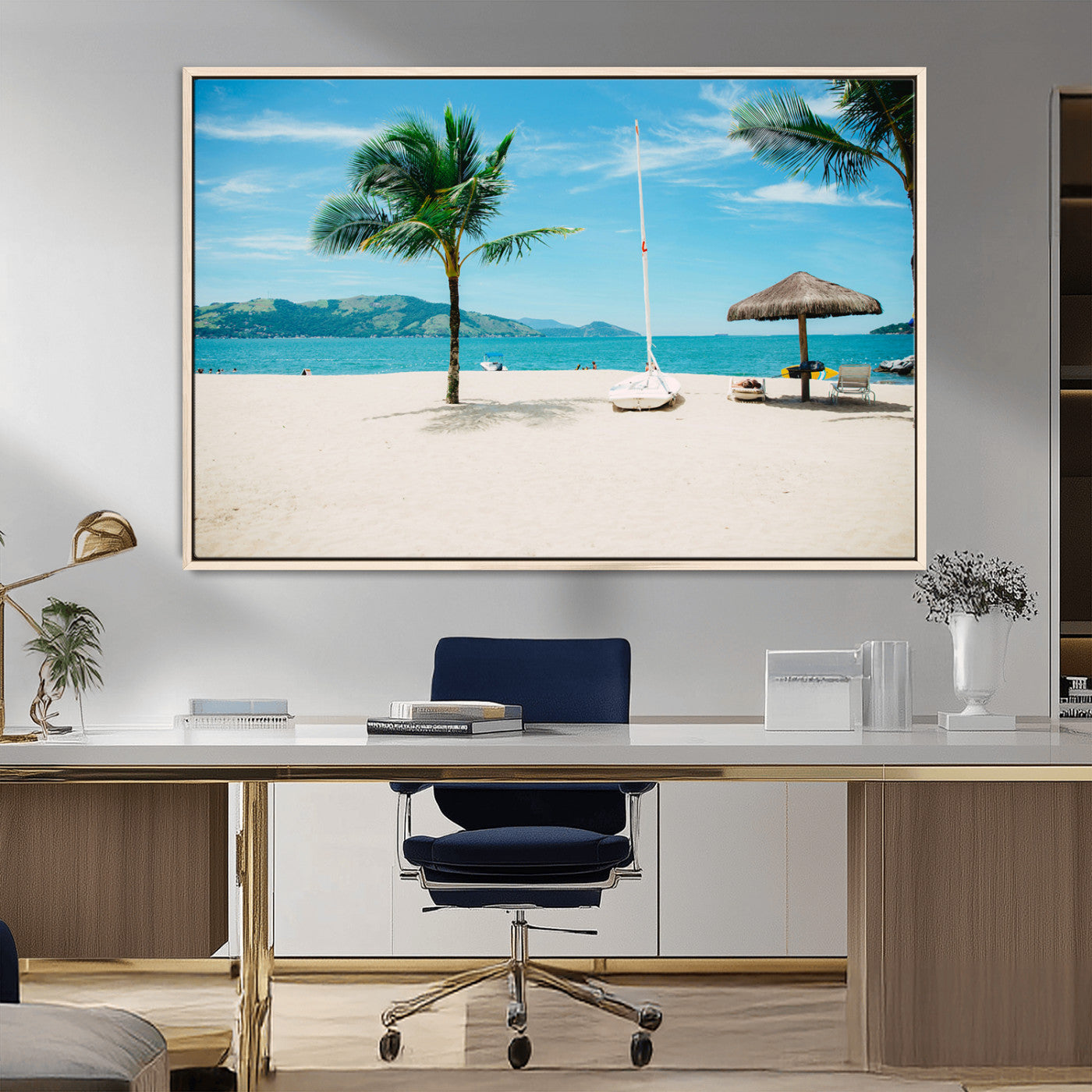 42623350-MGV-FC-36X24_Natural-Tropical Beach Wall Art Canvas Print, Framed Palm Tree Art Picture Print, Ocean View Perfect Tropical Coastal Decor Artwork