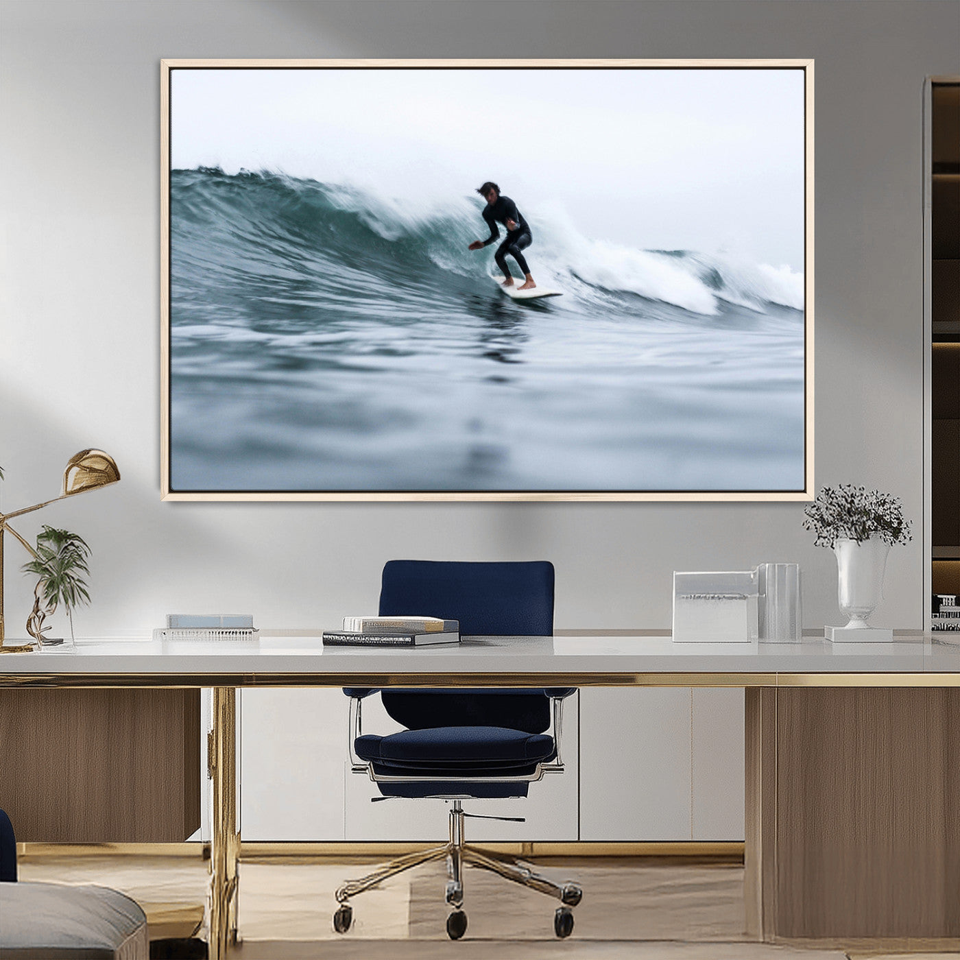 11693607-MGV-CV-36X24-Surfer on Wave Wall Art Canvas Print, Framed Ocean Adventure Art Picture Print, Motion Blur Water Perfect Coastal Adventure Decor