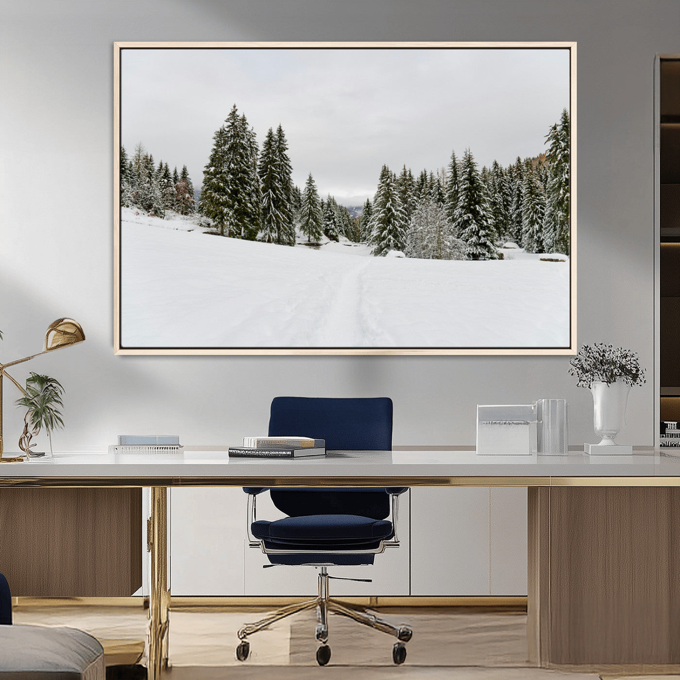 24581417-MGV-CV-36X24-Frosty Pines Wall Art Canvas Print, Framed Silent Snowfall Art Picture Print, Cozy Cabin Vibes Perfect Nordic Minimalist Decor
