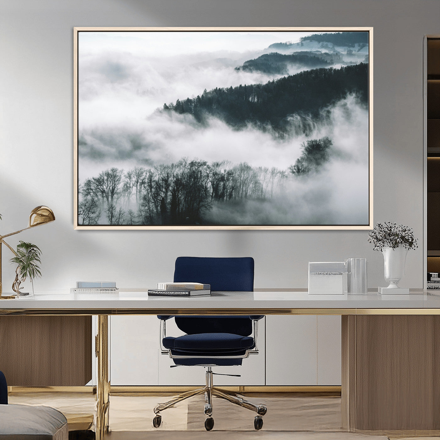 67569654-MGV-CV-36X24-Foggy Forest Wall Art – Mist Covered Hills and Trees Landscape Canvas Print, Moody Nature Photography Decor for Living Room,