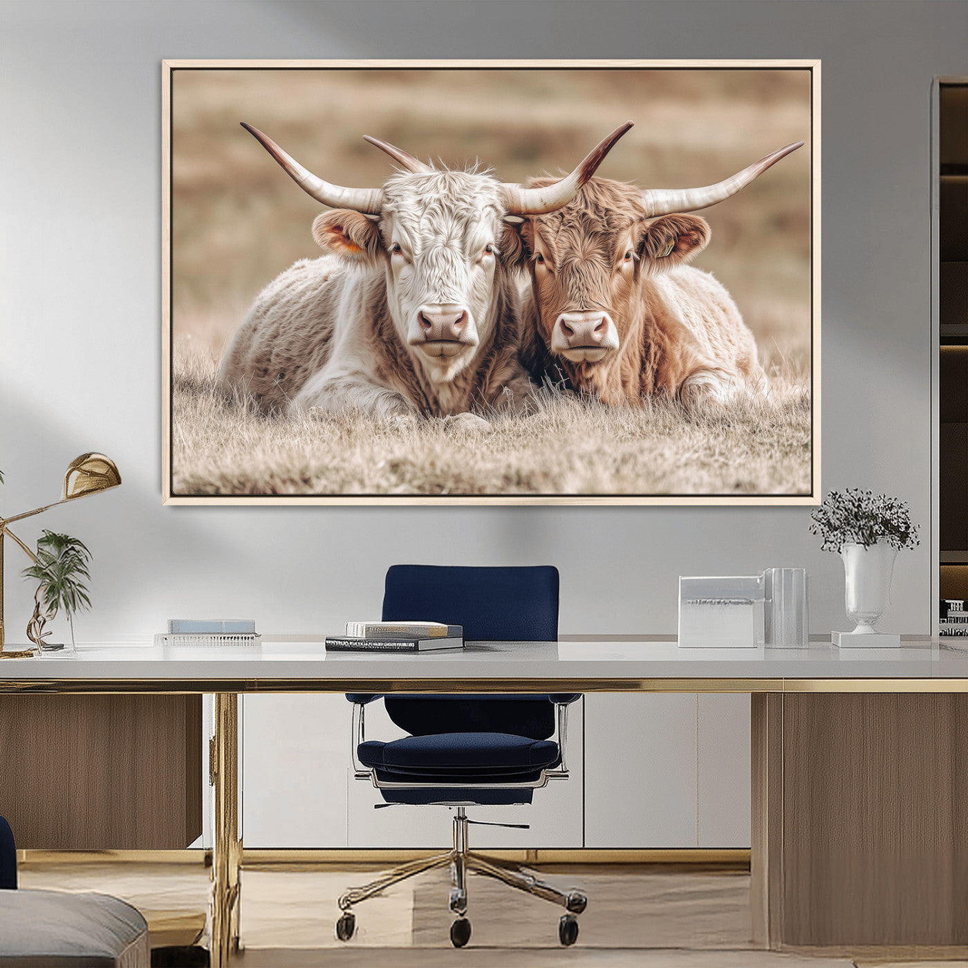 38651722-MGV-FC-36X24_Natural-Cow Wall Art – Rustic Longhorn Pair Canvas Print, Western Farmhouse Animal Painting, Country Ranch Decor for Living Room, Bedroom,