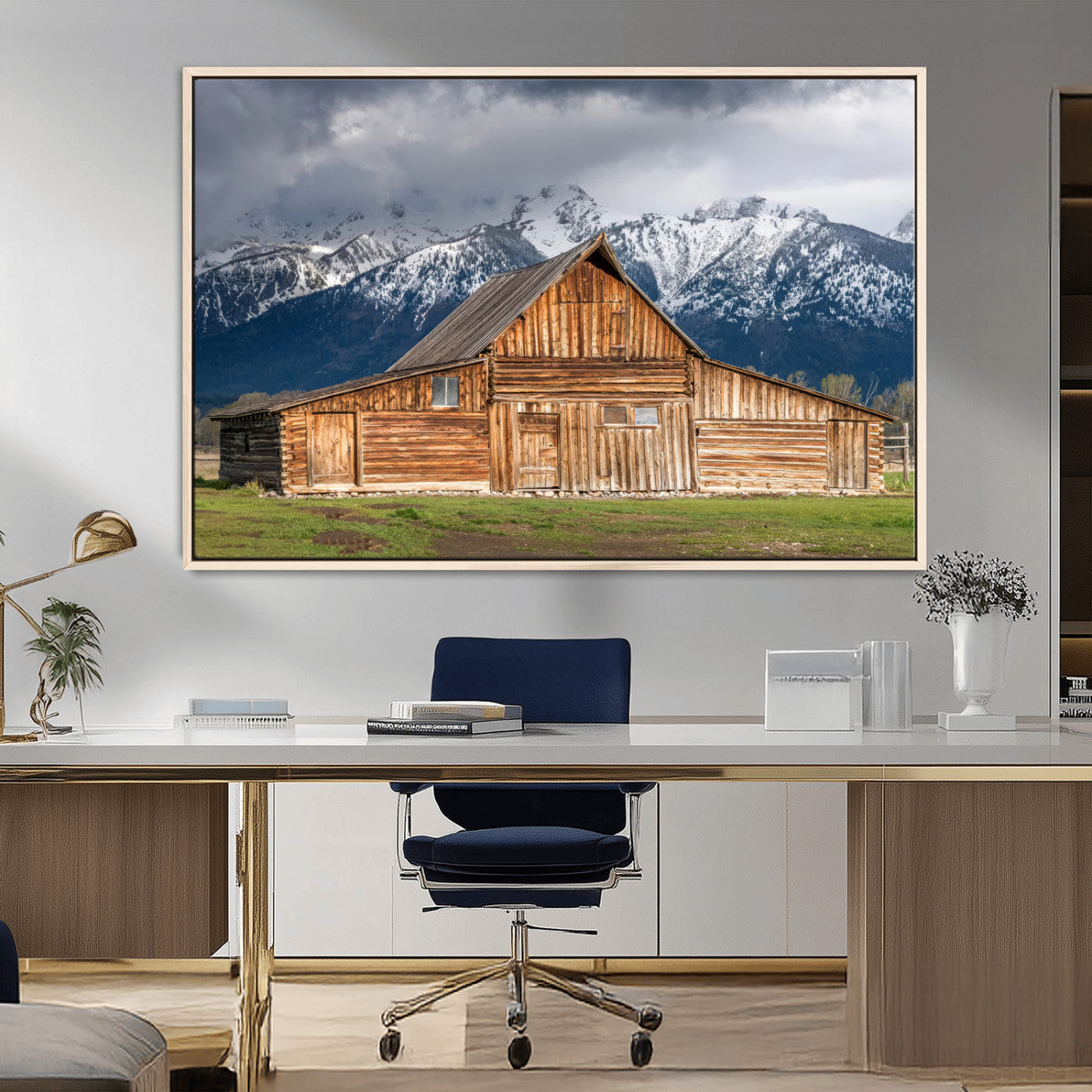 15173627-MGV-FC-36X24_Natural-Barn Wall Art – Rustic Wooden Cabin Canvas Print with Snowy Mountain Landscape, Western Farmhouse Country Decor for Living Room,
