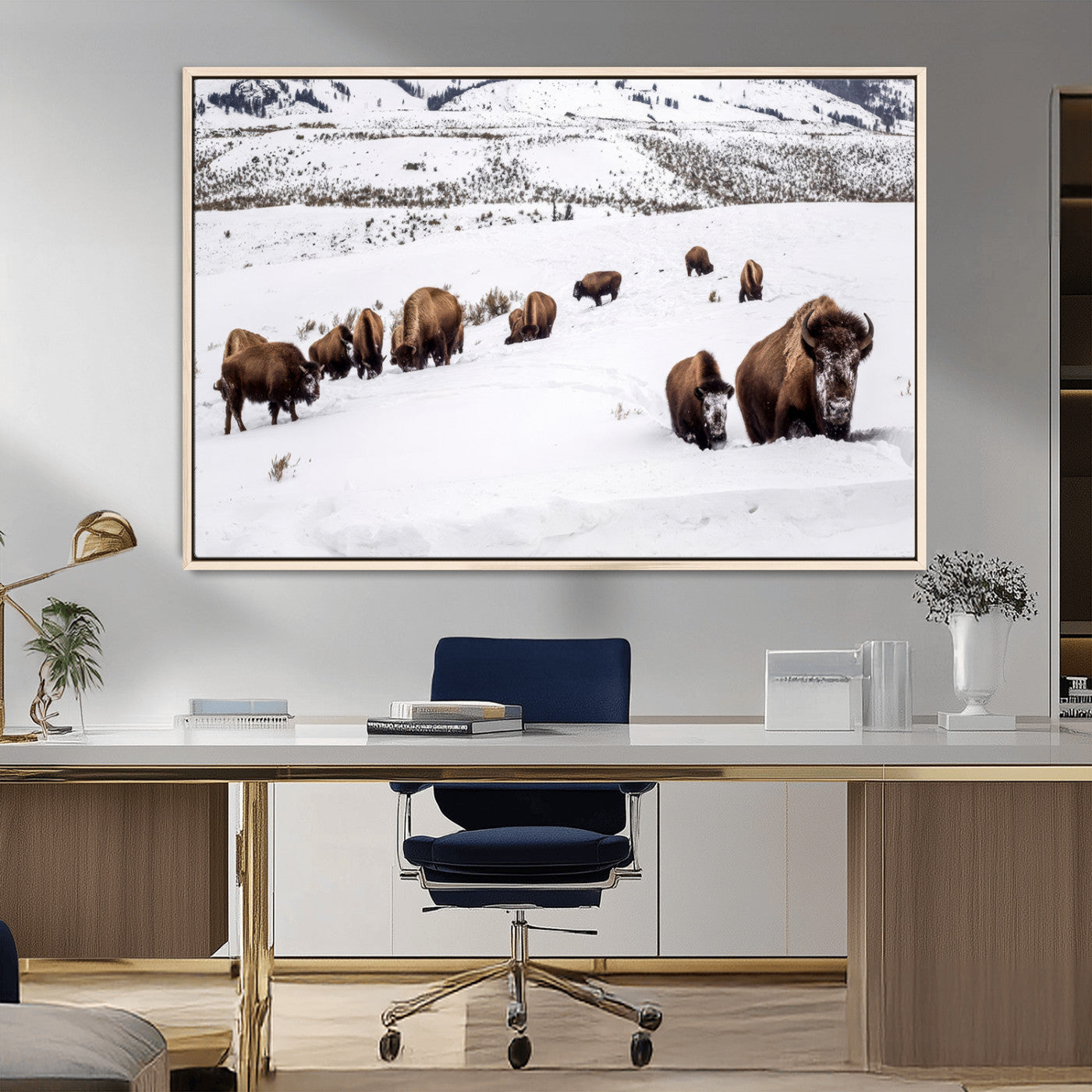 38217250-MGV-CV-36X24-Bison Herd Wall Art – Wildlife Canvas Print of Buffalo Winter Snow Scene, Rustic Western Lodge Décor, Farmhouse & Cabin Nature
