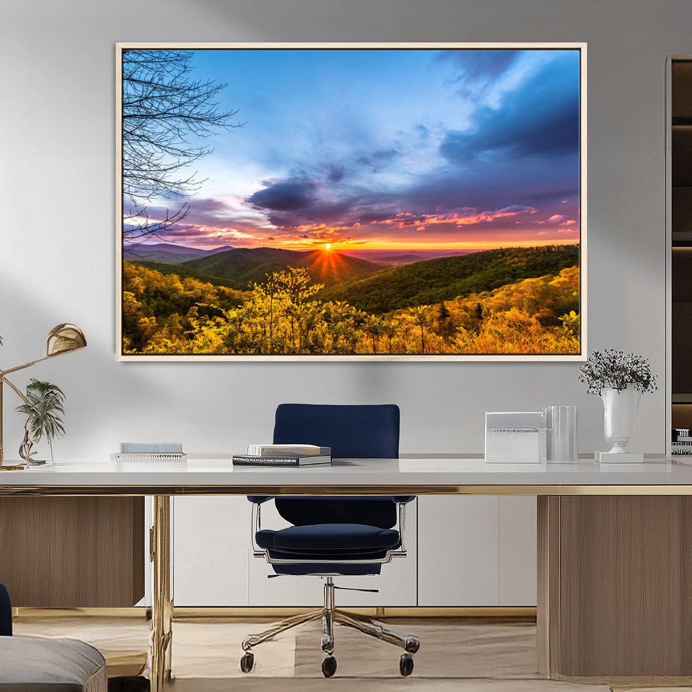 25786346-MGV-CV-36X24-Sunset Over Mountains Wall Art – Nature Landscape Canvas Print, Golden Hour Forest Photography, Scenic Sunrise Artwork for Living