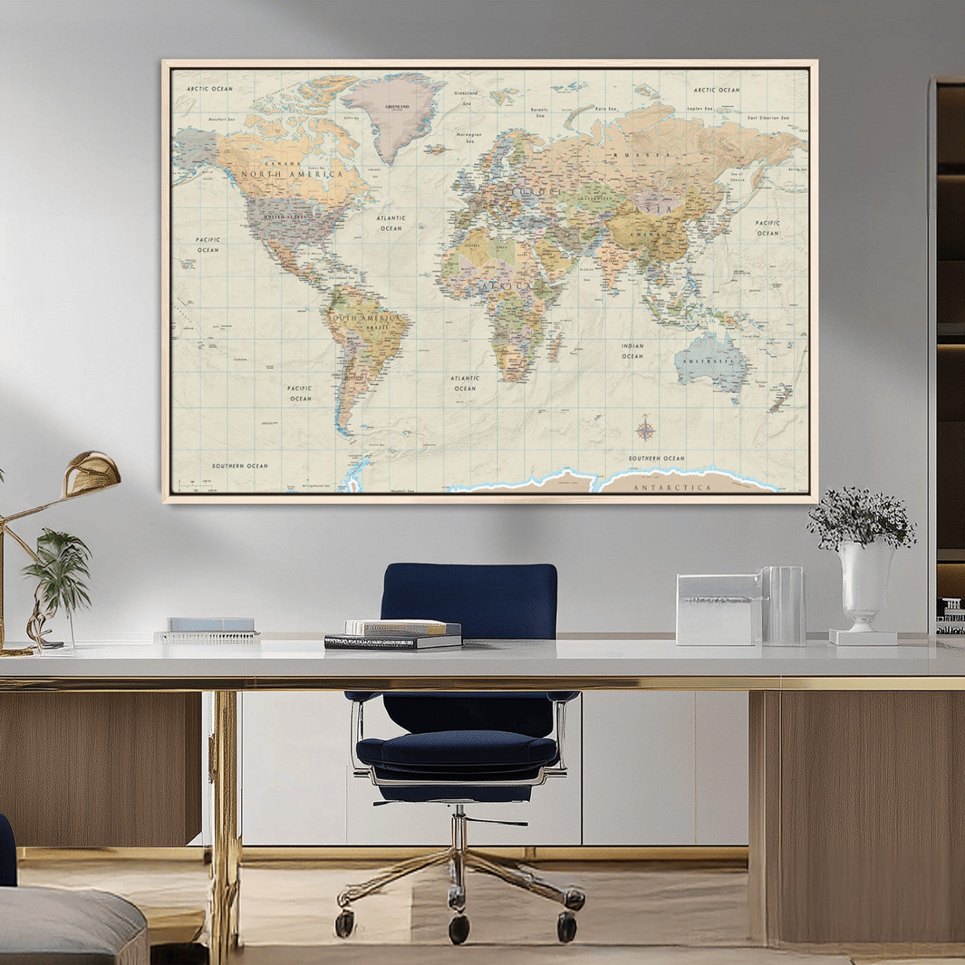 41929777-MGV-CV-36X24-World Map Wall Art – Large Detailed Political Atlas Style Map Print with Countries, Cities, and Oceans, Warm Earth Tone