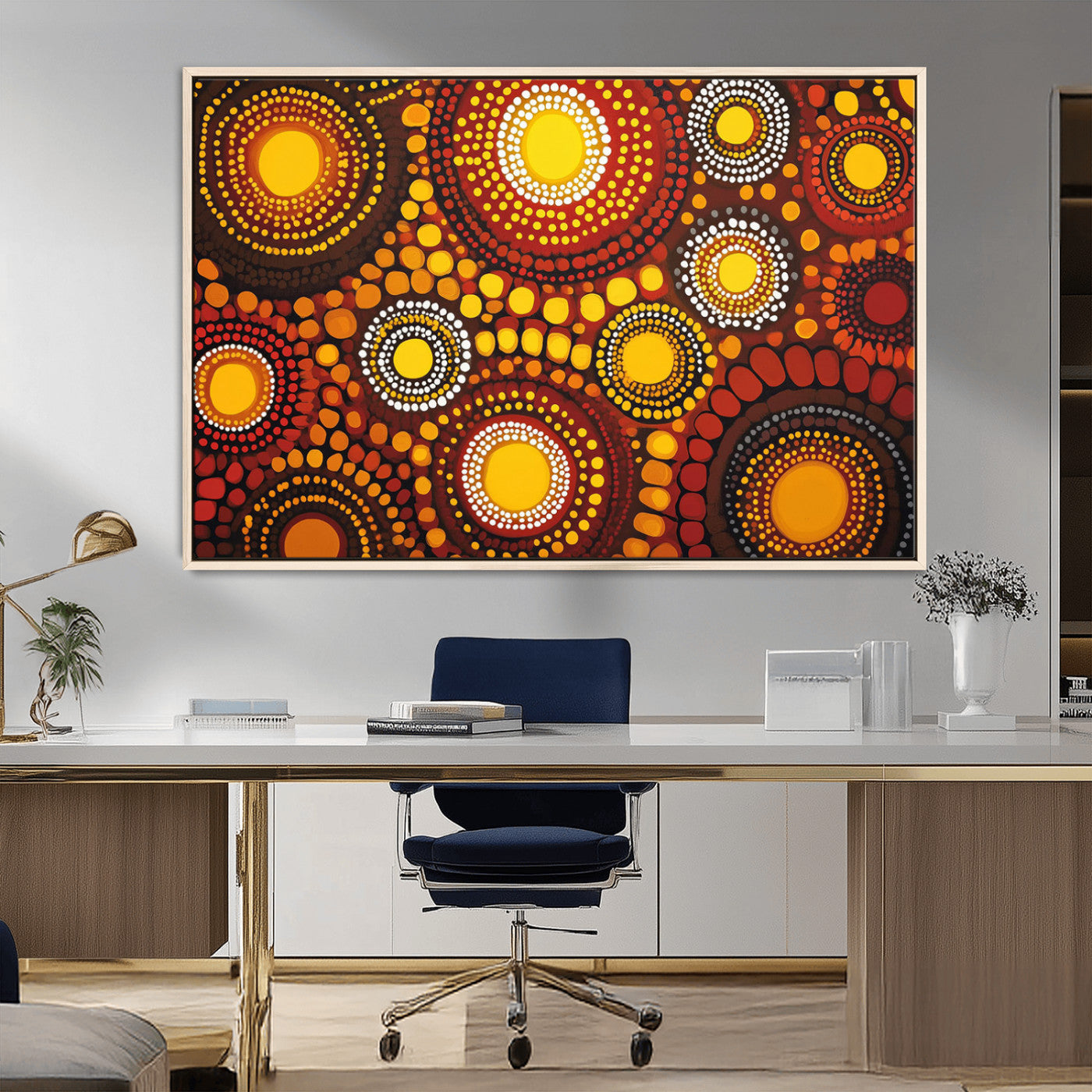 81120549-MGV-FC-36X24_Natural-Abstract Dot Painting Wall Art – Vibrant Tribal Boho Style Canvas Print with Sunburst Mandala Circles in Warm Red, Yellow, Orange