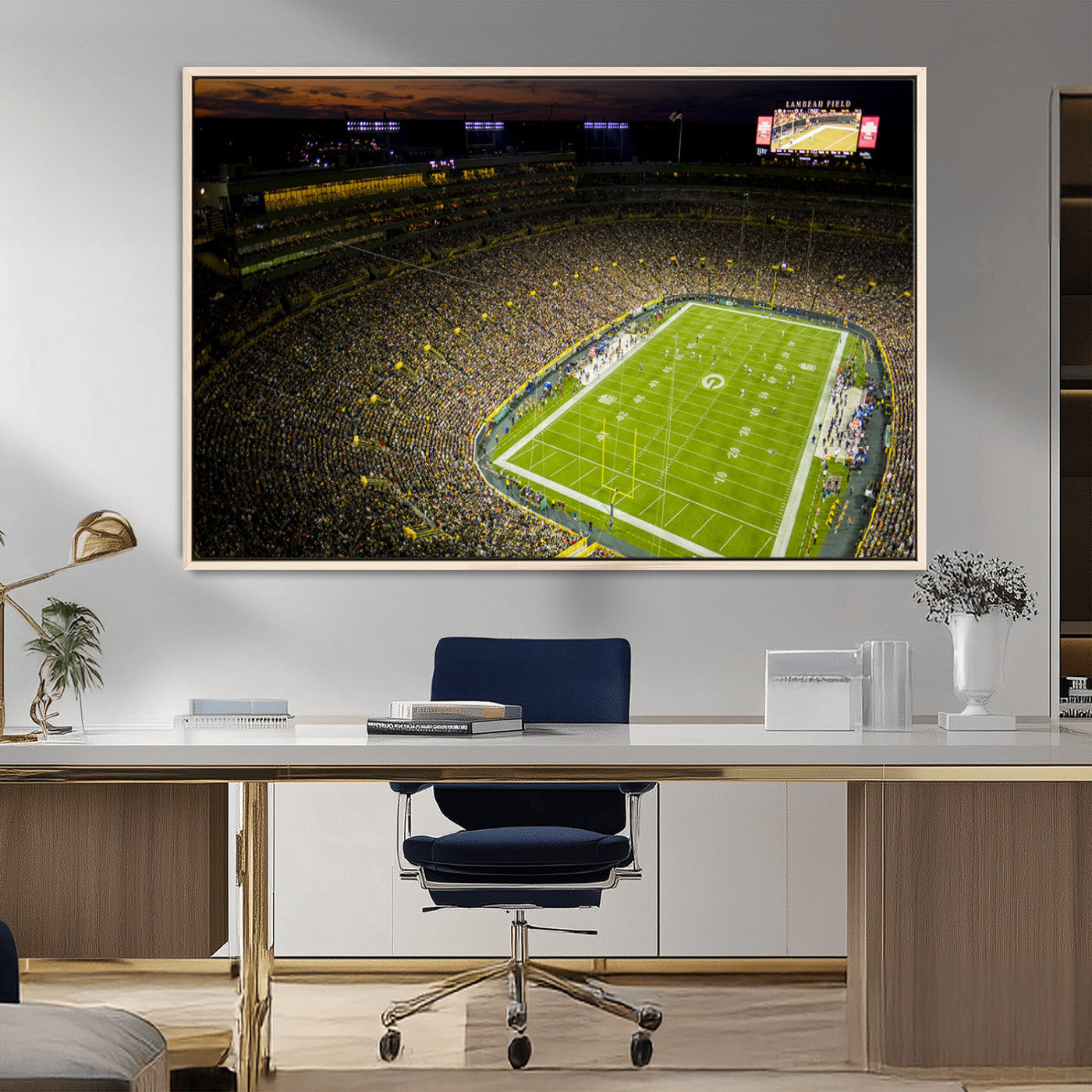 23655234-MGV-FC-36X24_Natural-Lambeau Field Stadium Wall Art – American Football Night Game Canvas Print with Packed Crowd and Lights – Sports Decor for Man