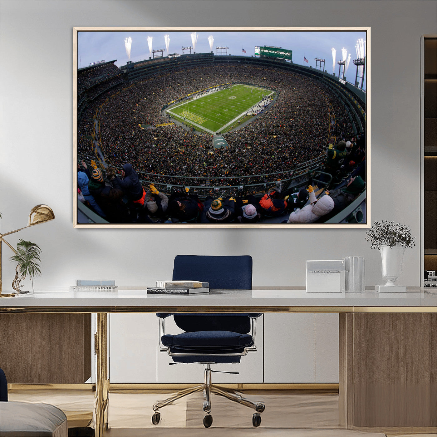 14387817-MGV-CV-36X24-Lambeau Field Stadium Wall Art – Green Bay Packers Game Day Canvas Print with Fireworks and Crowd – NFL Football Fan Man Cave